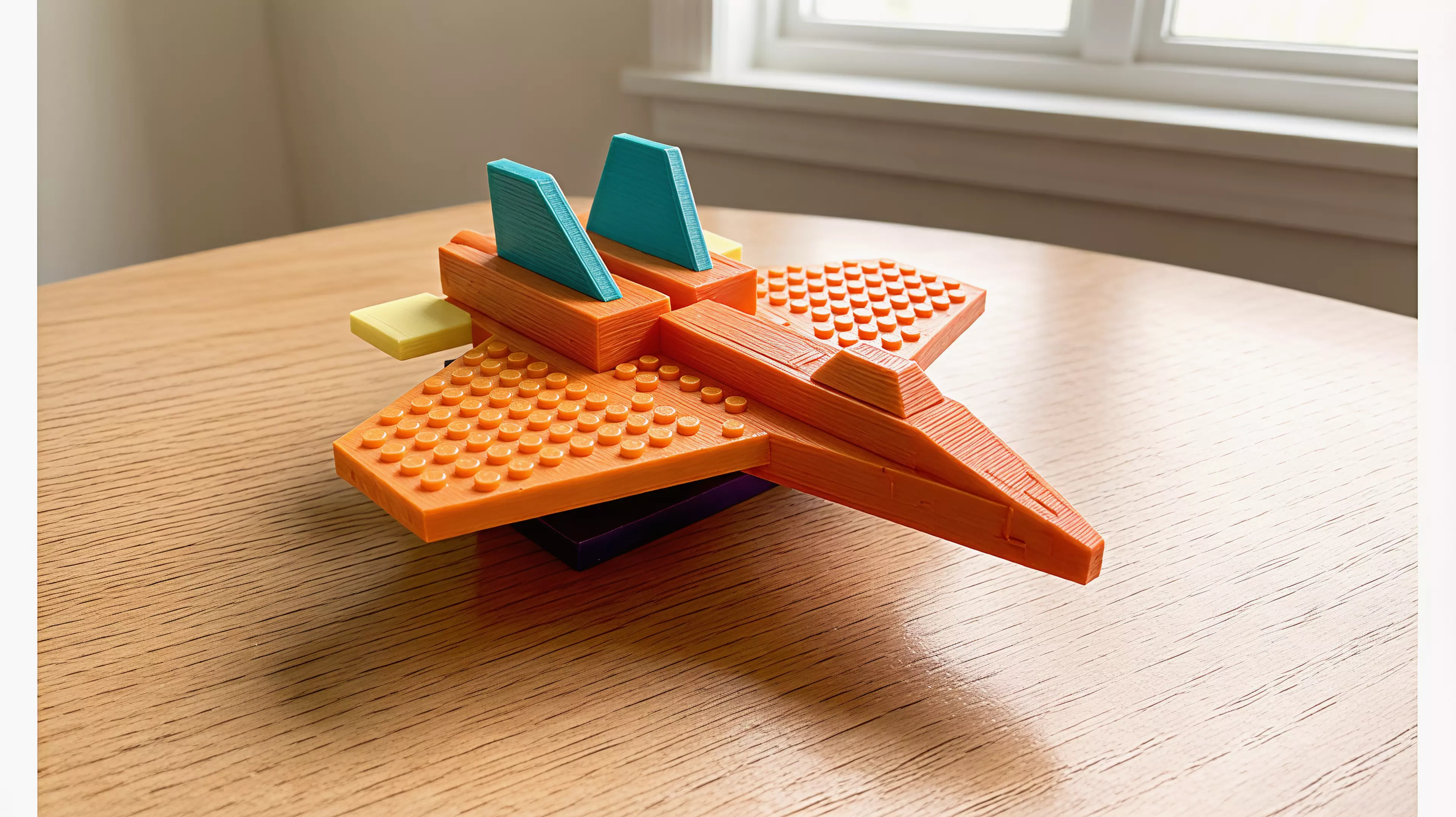 A single-piece, stylized F-14 Tomcat brick-jet (set-c aggressive wedges) with a LEGO-standard stud grid on its upper surfaces so real System bricks/plates clutch on; flat belly for desk display. Printed belly-down, PLA, supports on.