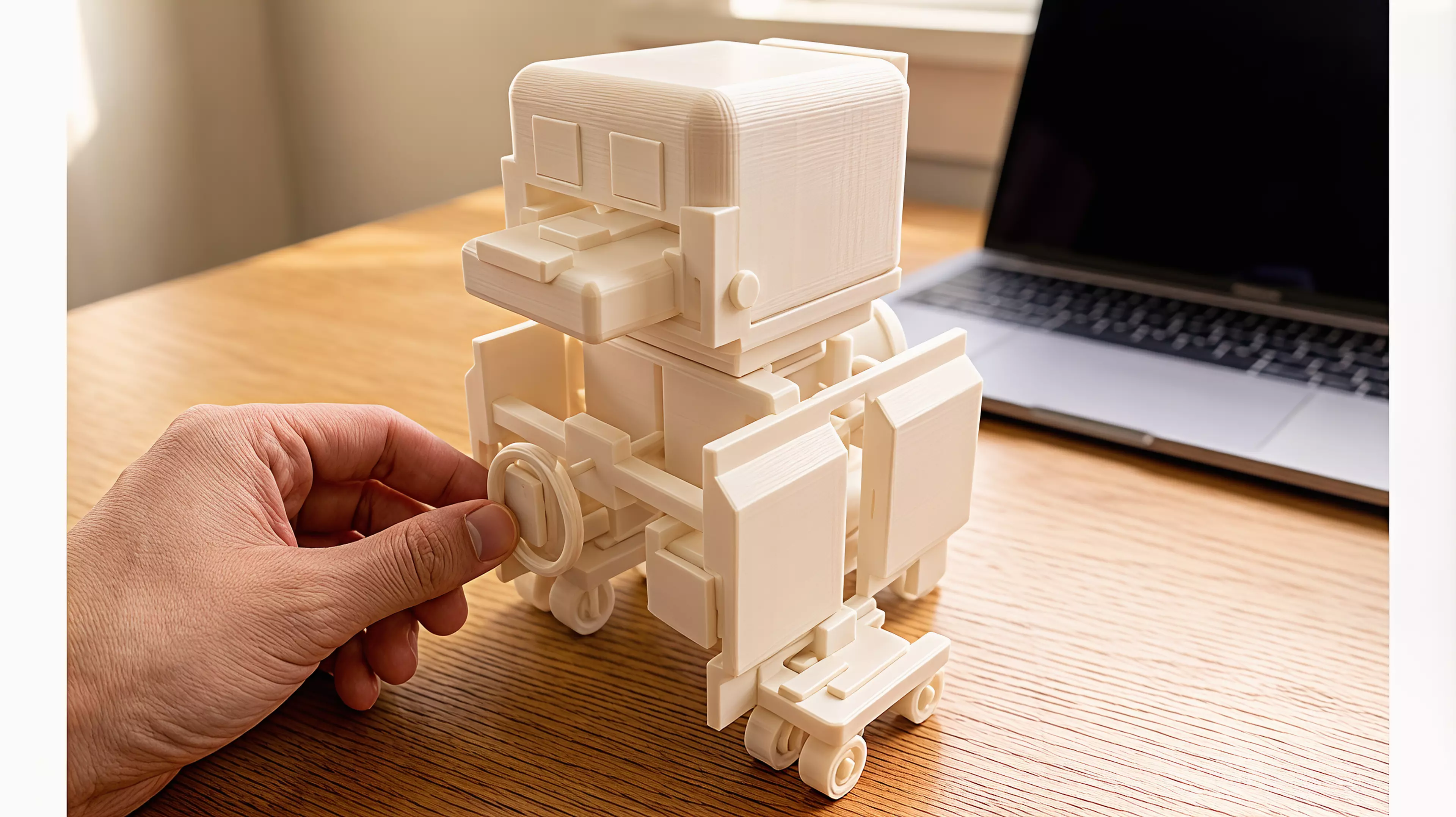 An original palm-size all-printed duck-like desk automaton designed around a visible ring crank, eccentric cam, paired-hip waddle, opening clip beak, rocking belly, keyed eyes, and removable captive-roller skates.