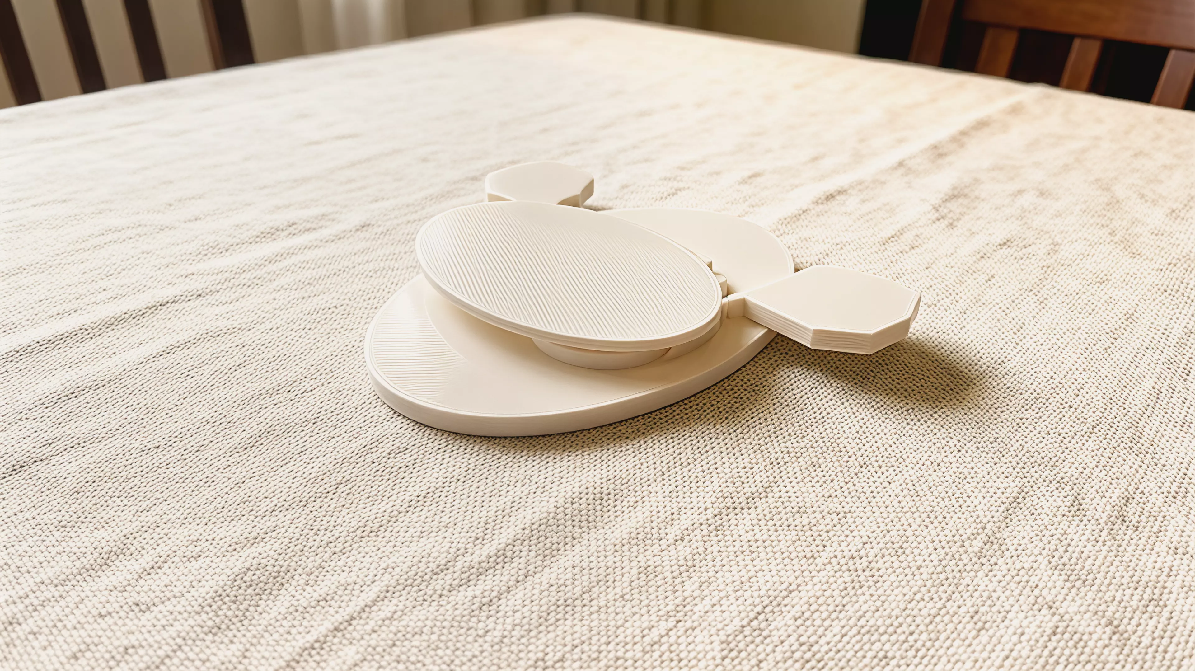 A three-part, hardware-free hand-powered desk toy: sweeping the left wing rotates the meshed pair from a low crescent form toward a moth silhouette with six star apertures.