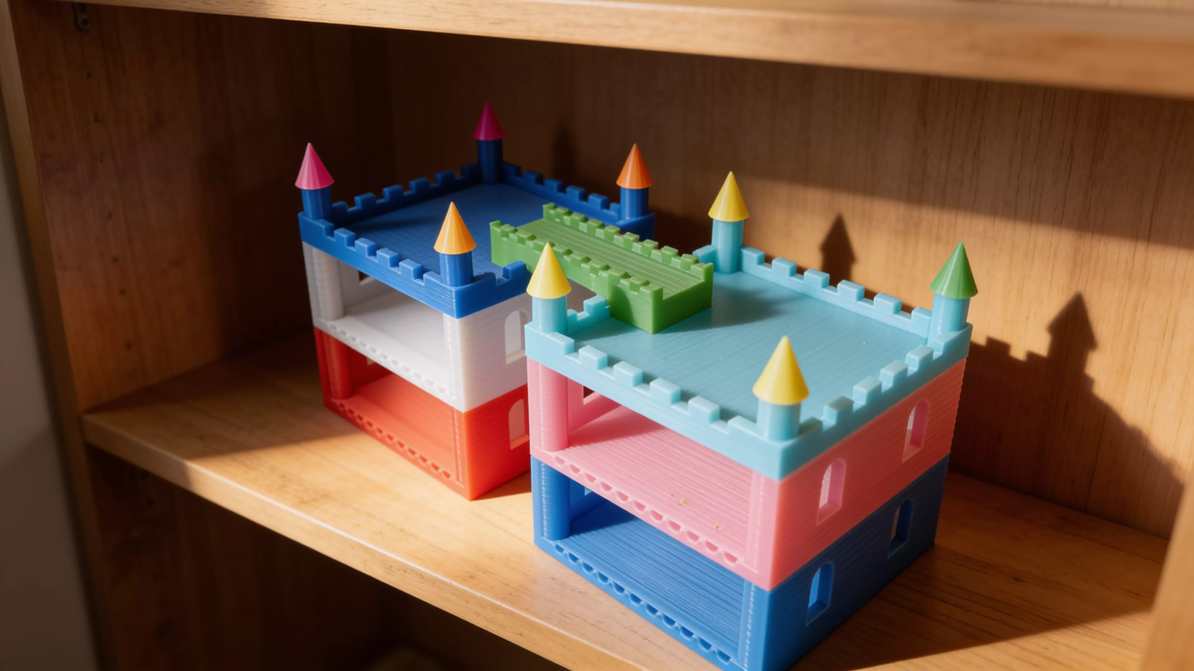 Design a castle shelf to hold four DGX Spark units (dimensions per unit: 150 mm L × 150 mm W × 50.5 mm H). The design should be unique, cute, and vibrant, featuring a modern pastel color palette.