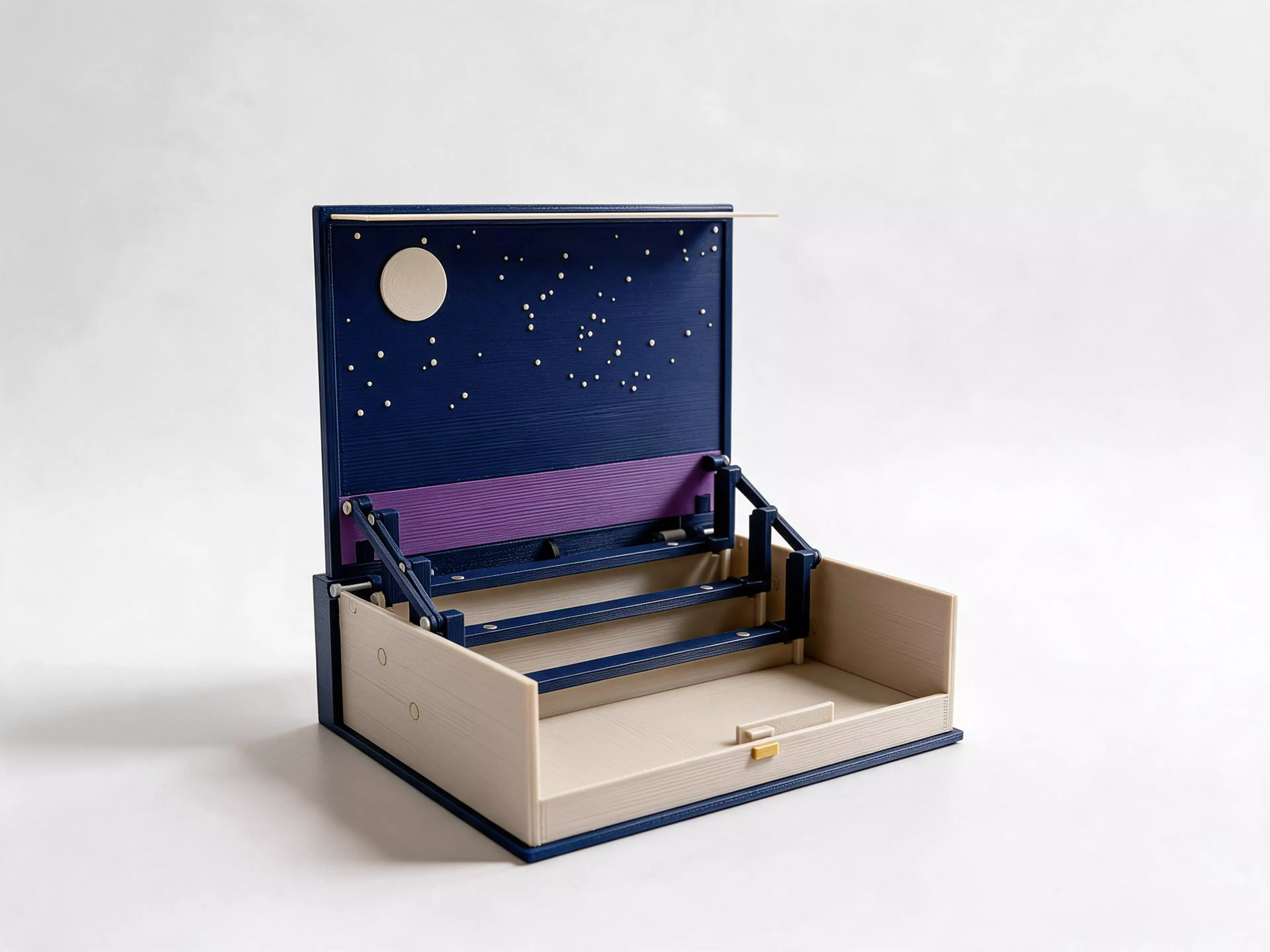 Press the brass button and the pop-up book opens into a moonlit sky. Add a city pack: it clicks on with magnets.