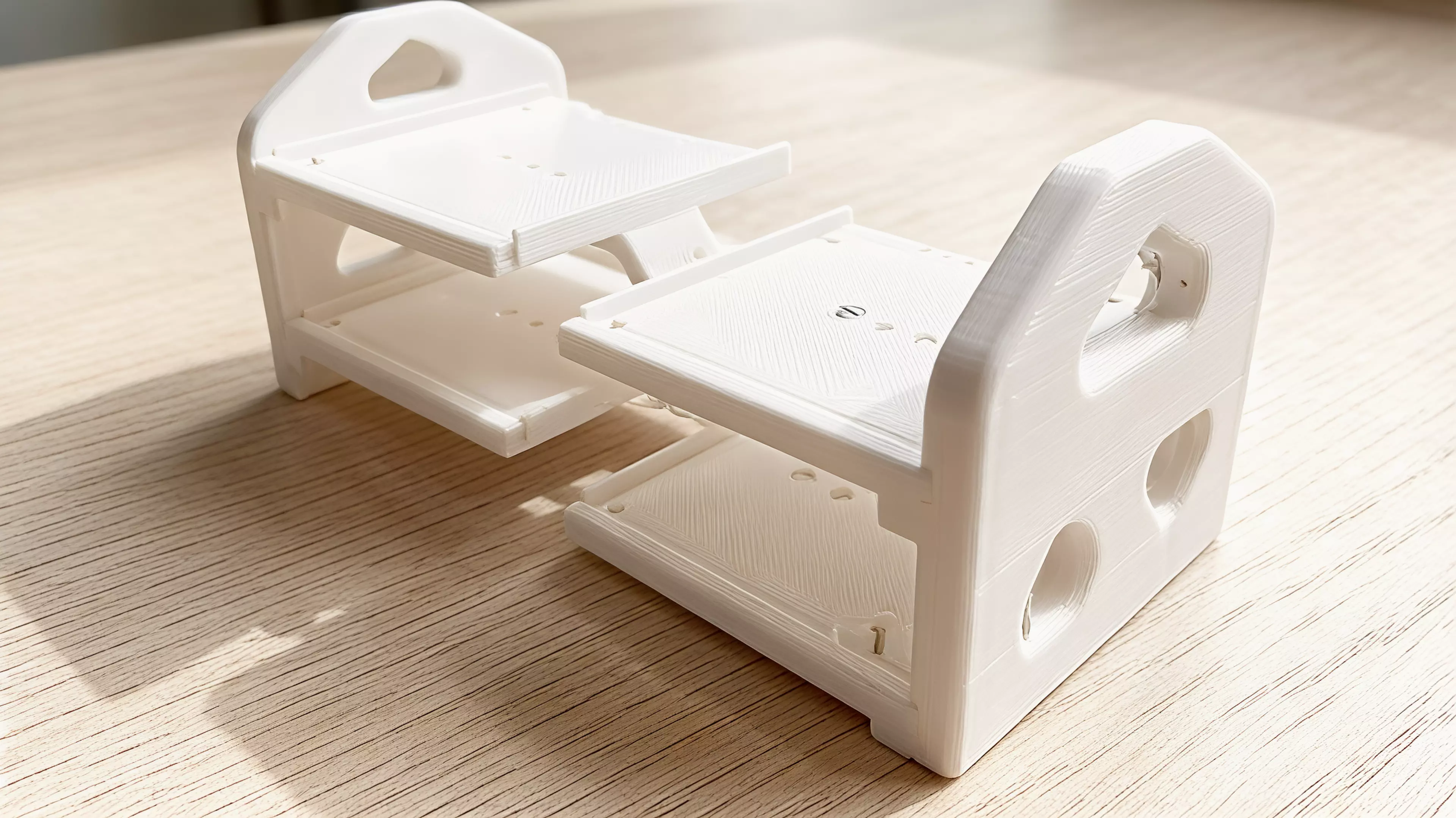** a 7-part, screw-together FDM display rack (365 × 160 × 151 mm assembled) holding 4 DGX Spark nodes (150 × 150 × 50.5 mm) in a 2×2 cascade — 35 mm horizontal / 20 mm vertical stagger — fully open front and back, in the chosen soft-wave hi-fi style.