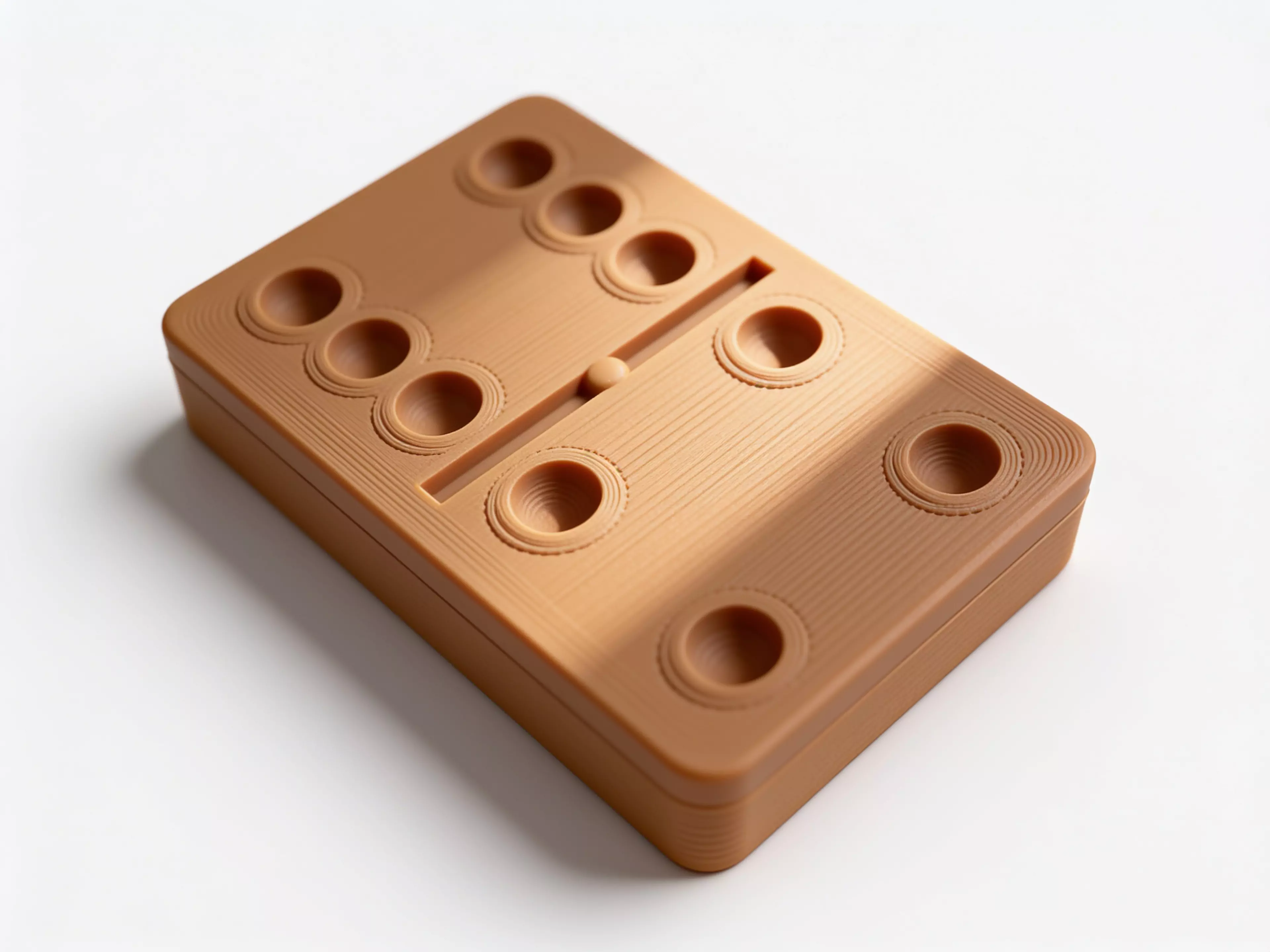 A complete Double-6 domino set — 28 tiles (48 x 24 x 8 mm) with raised embossed pips — stored in a fitted two-row tray with a slip-fit lid.