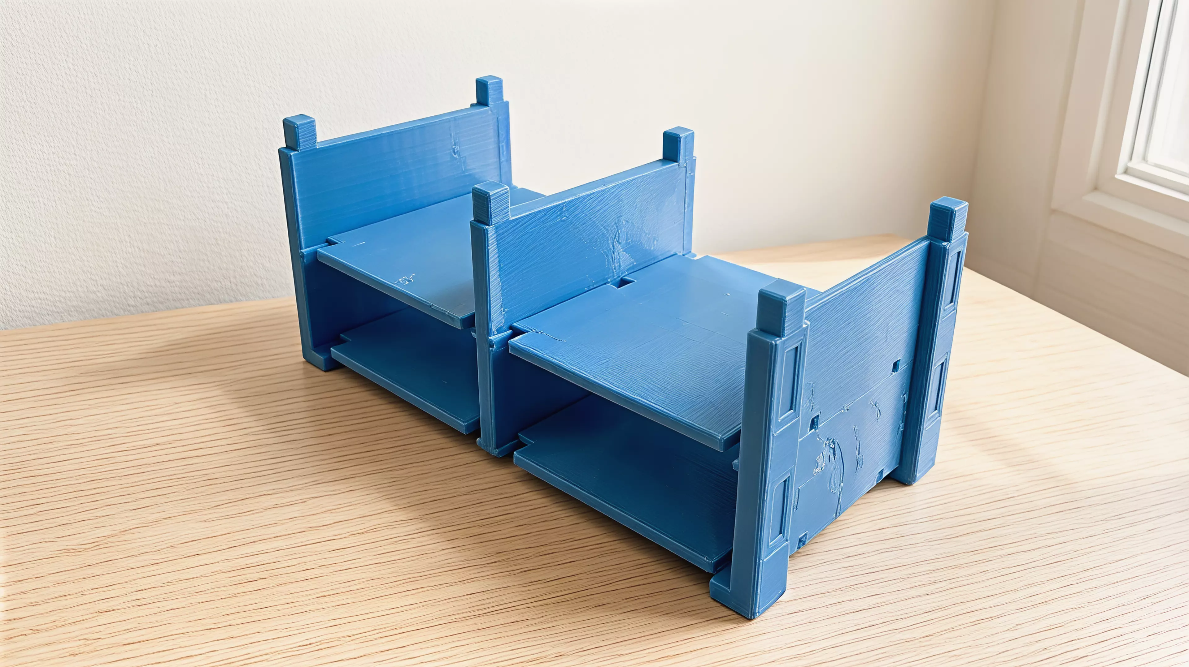 A PETG FDM knock-down rack holding 2 NVIDIA DGX Spark per tier (2 tiers = 4 devices), built from zero tier-unique parts — 2 end walls + 1 center divider + 2 floor trays per tier, stacked on 8 x 8 mm self-locating chamfered key joints, with 4 press-fit feet and flush top caps, styled as a…