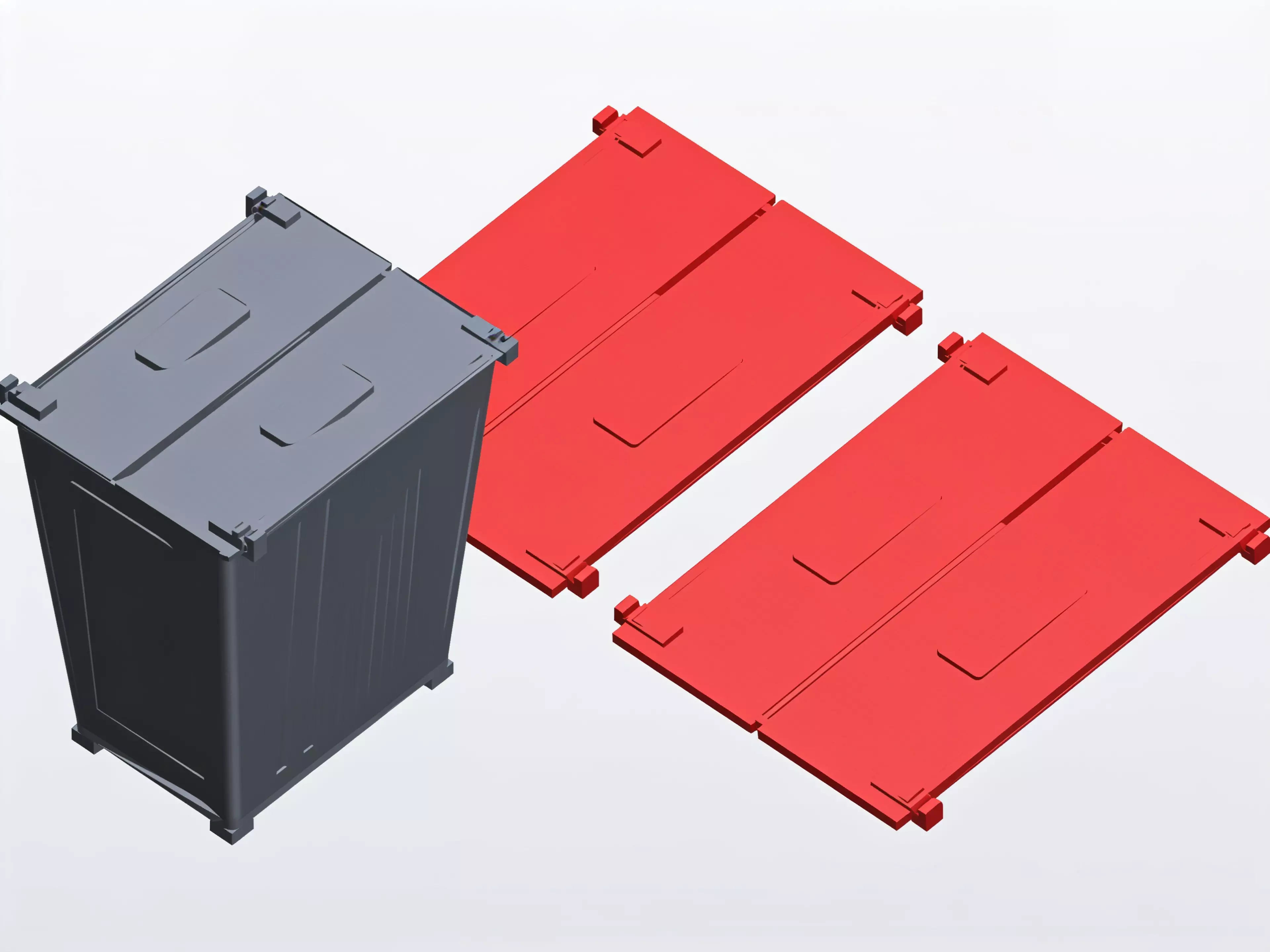 A miniature industrial-dumpster-styled desk trash catcher: a tapered corrugated bin body with two hinged flip lids that meet in the middle, complete with corner skid feet.