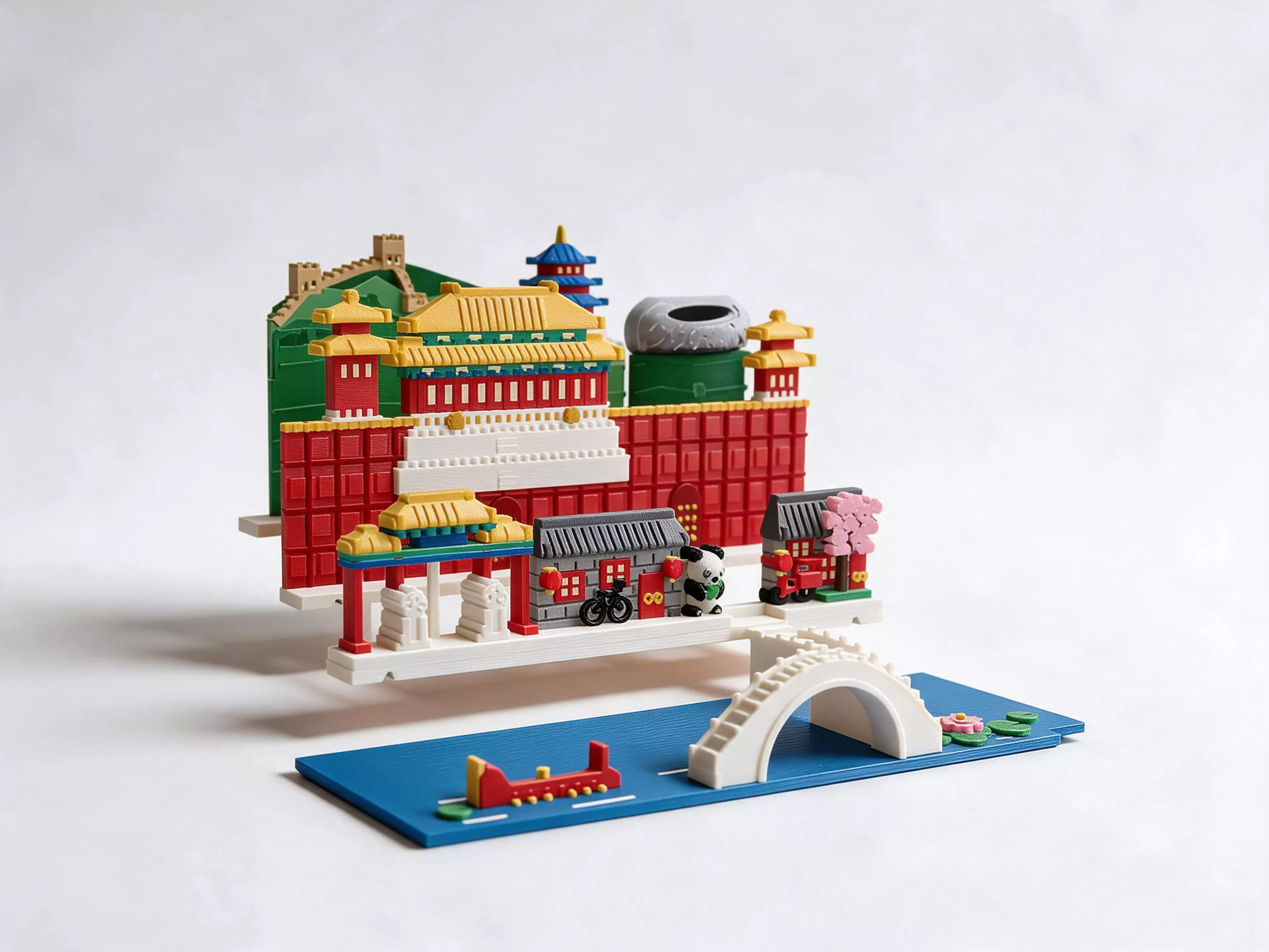 A Beijing city pack for the Moonlit Atlas pop-up book: three magnetic landmark rows and a Houhai water plate. Includes the Great Wall, Temple of Heaven, Forbidden City palace facades, Bird's Nest stadium, hutong houses, a panda and an arched bridge. This pack contains the Beijing city only. The Moonlit Atlas book is required and sold separately; the book, cover, pop-up frames and mechanism are not included.