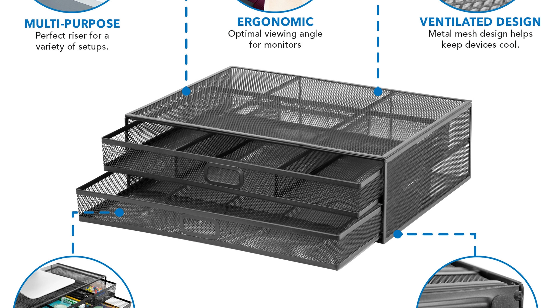 Mount-It! MI-7365 Black Mesh Computer Monitor Stand W/ Two Drawers