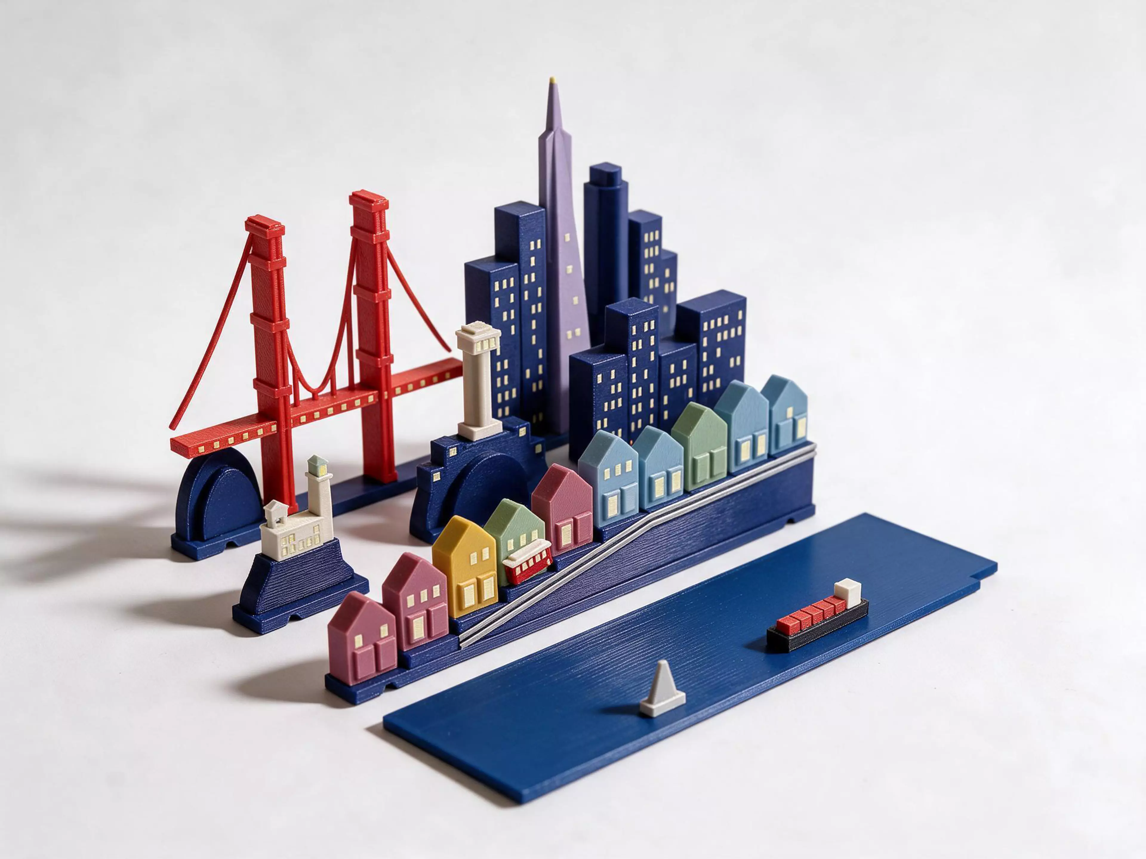 A San Francisco set for the Moonlit Atlas pop-up book: three rows of miniature buildings and a harbour plate that click onto the book's row frames with magnets. In this set: the Golden Gate Bridge, the Transamerica Pyramid, Alcatraz, Coit Tower, the Painted Ladies and a cable car climbing its hill. Windows and stars glow in the dark, with no batteries. It needs the Moonlit Atlas book, which is sold separately and comes with New York, and it swaps with any other city set in seconds.