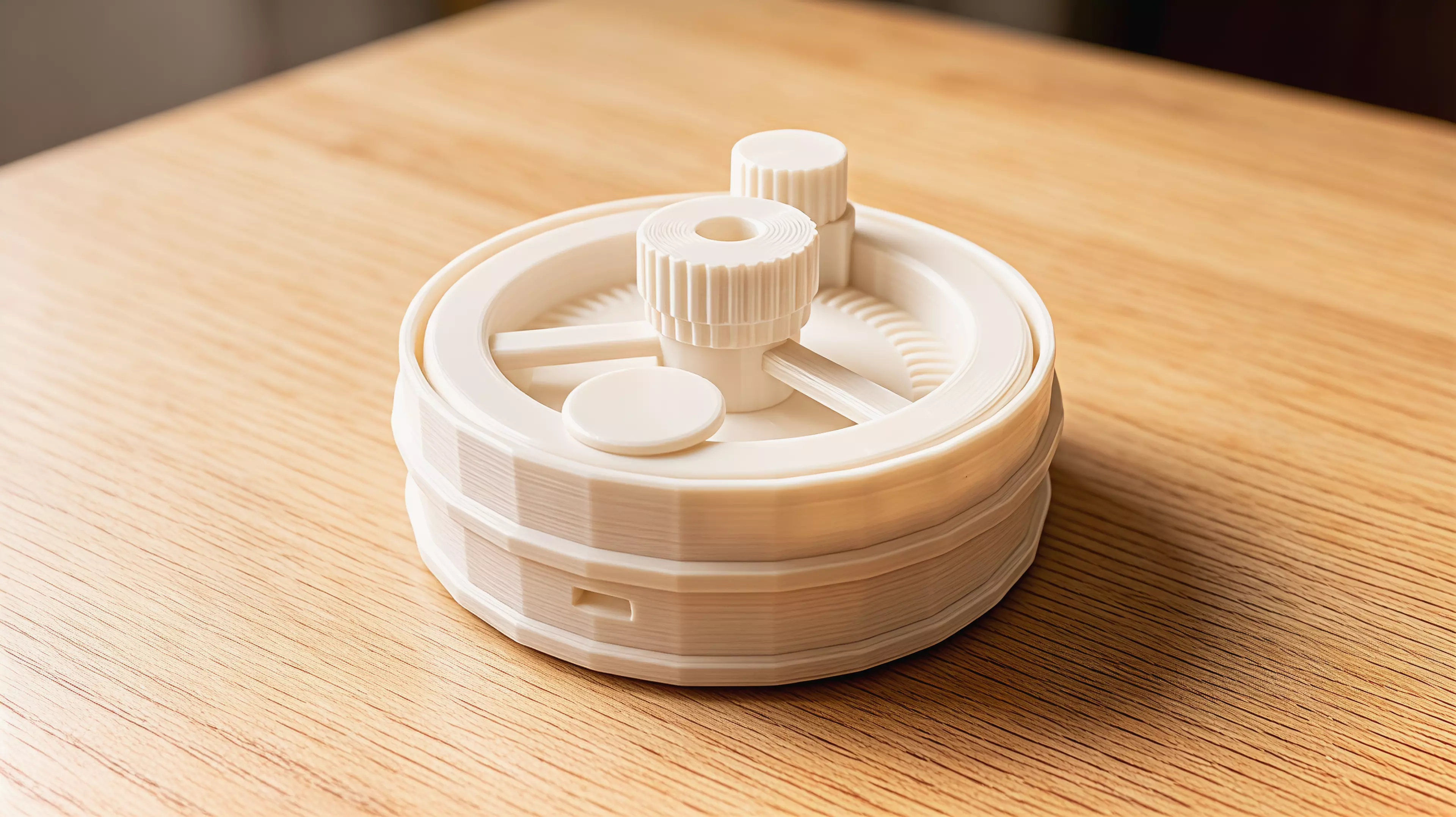 A palm-size, hand-powered desktop sound toy whose broad wheel carries a captive rounded gravity plectrum across three visibly different printed rib fields in the continuous sequence rain, frog-song, and crickets.