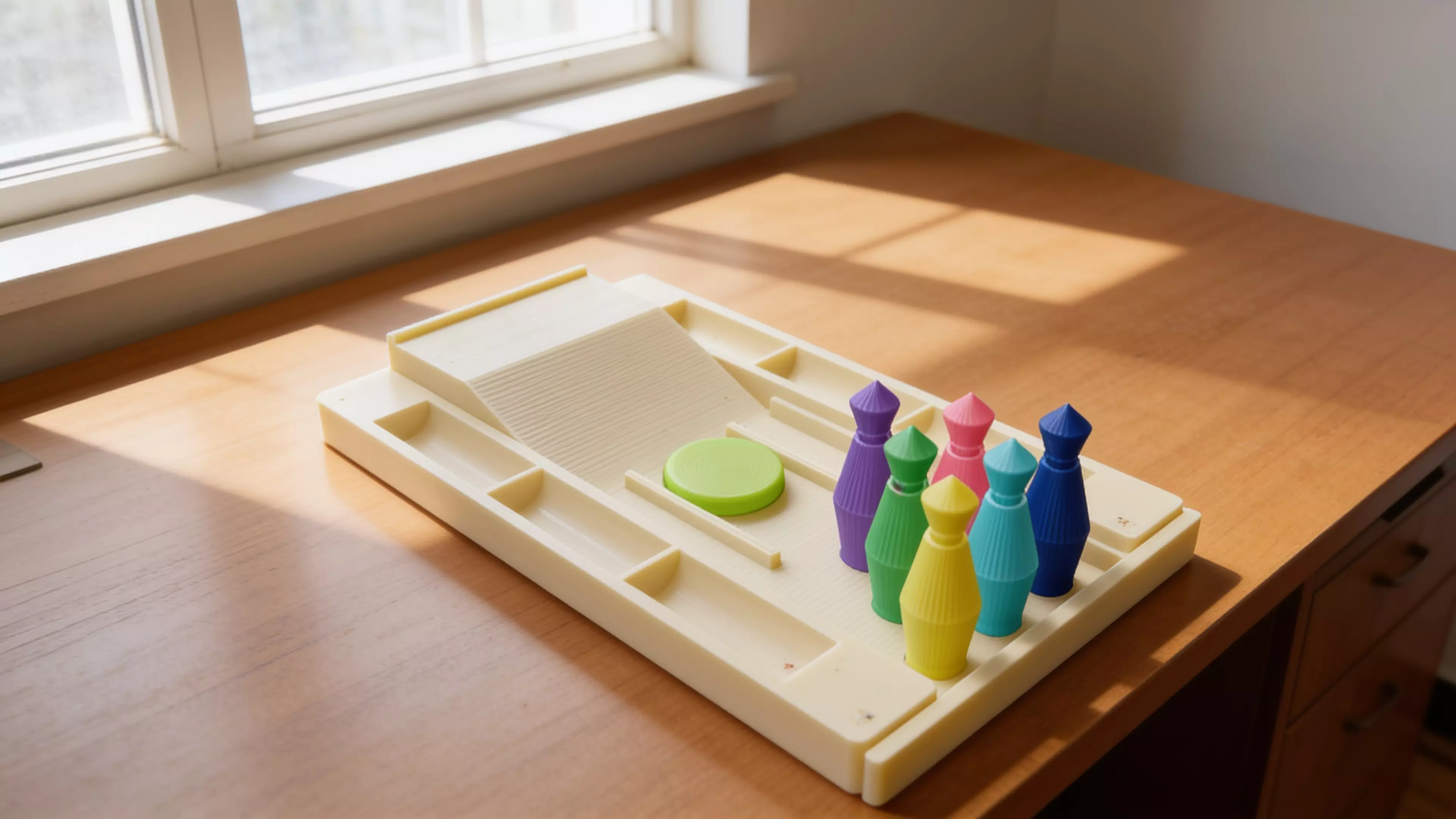 A pocket bowling toy: a lane tray that ramps into a flick-launch pad and doubles as nested storage, six molded pins in a 3-2-1 triangle, and one flick disc — flick the disc off the ramp to send it down the lane into the pins.