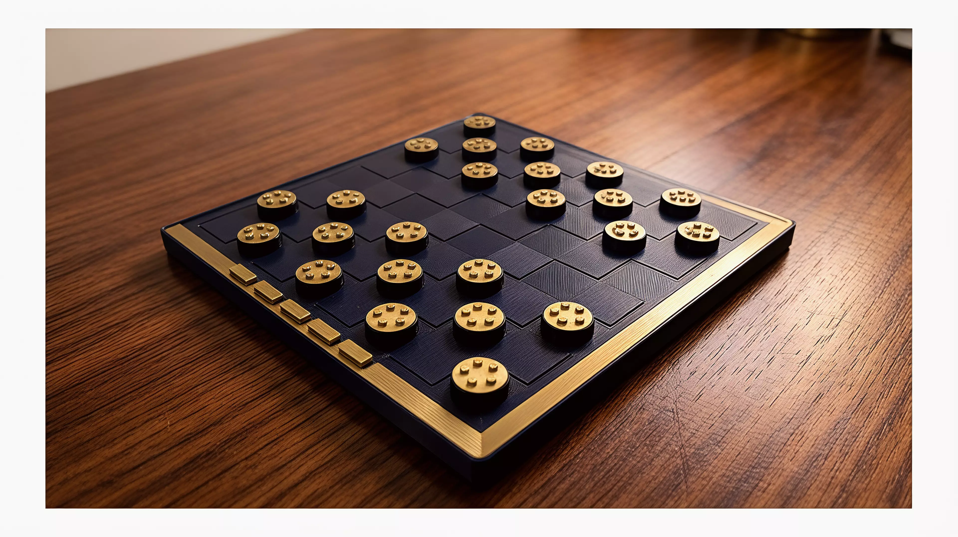 A known checkers game made into an architectural portrait of the Workshop's five jobs.

By Alice.