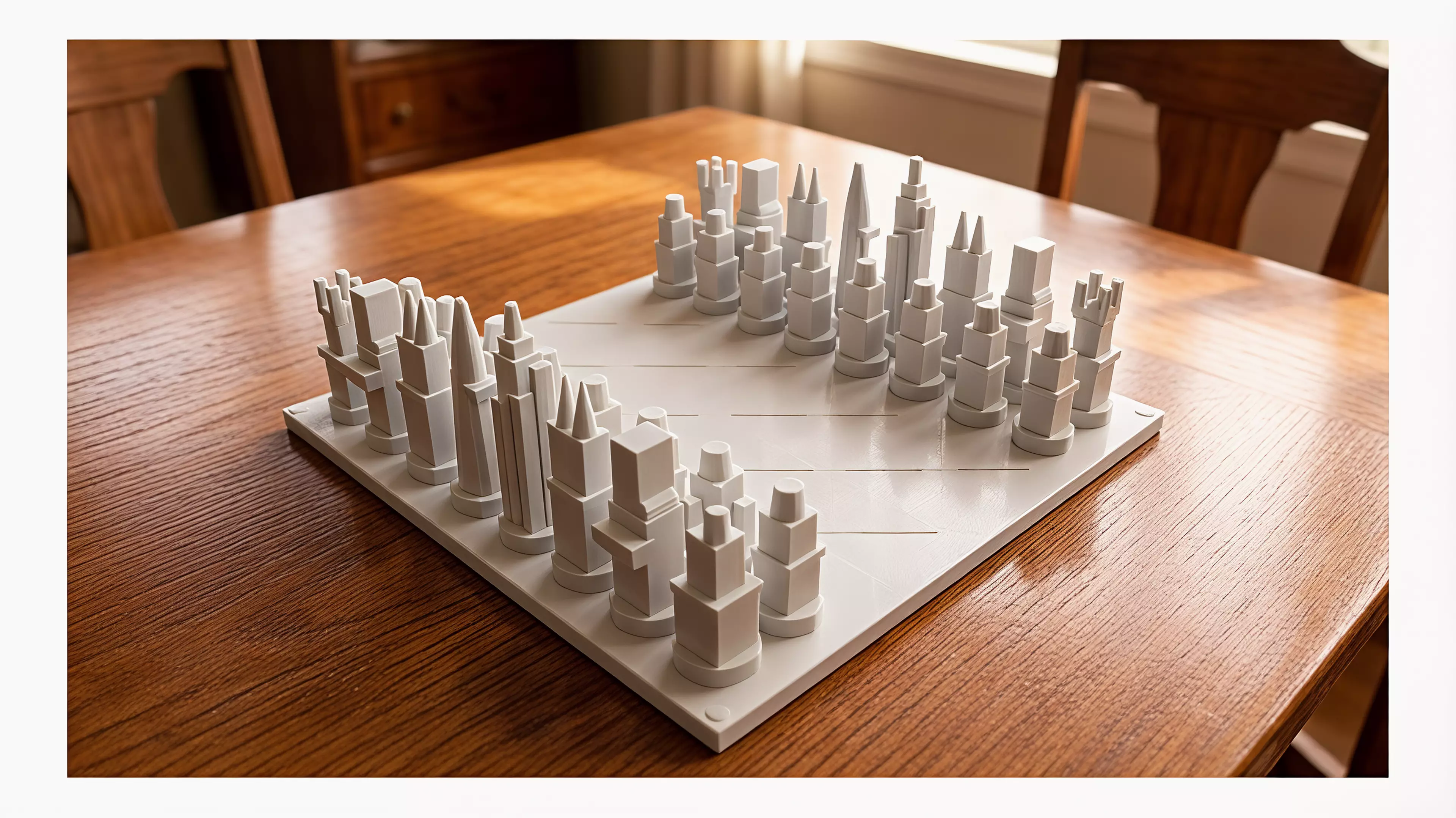 A compact standard-rules chess set with two tactile armies built from six Ho Chi Minh City architectural silhouettes.