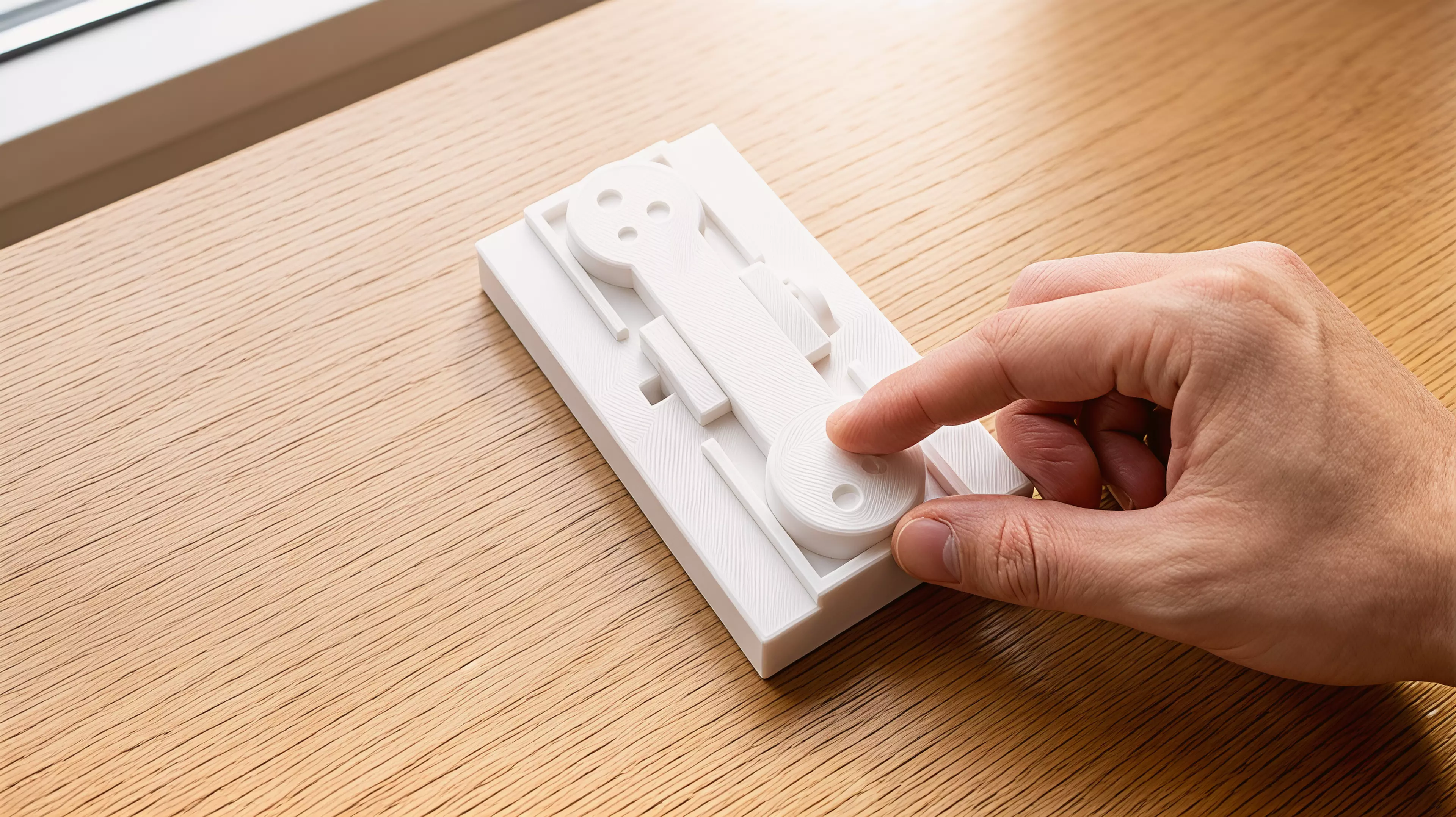 A palm-sized, three-part printable desk mechanism whose exposed rocker makes one cratered moon rise when the other is pressed.