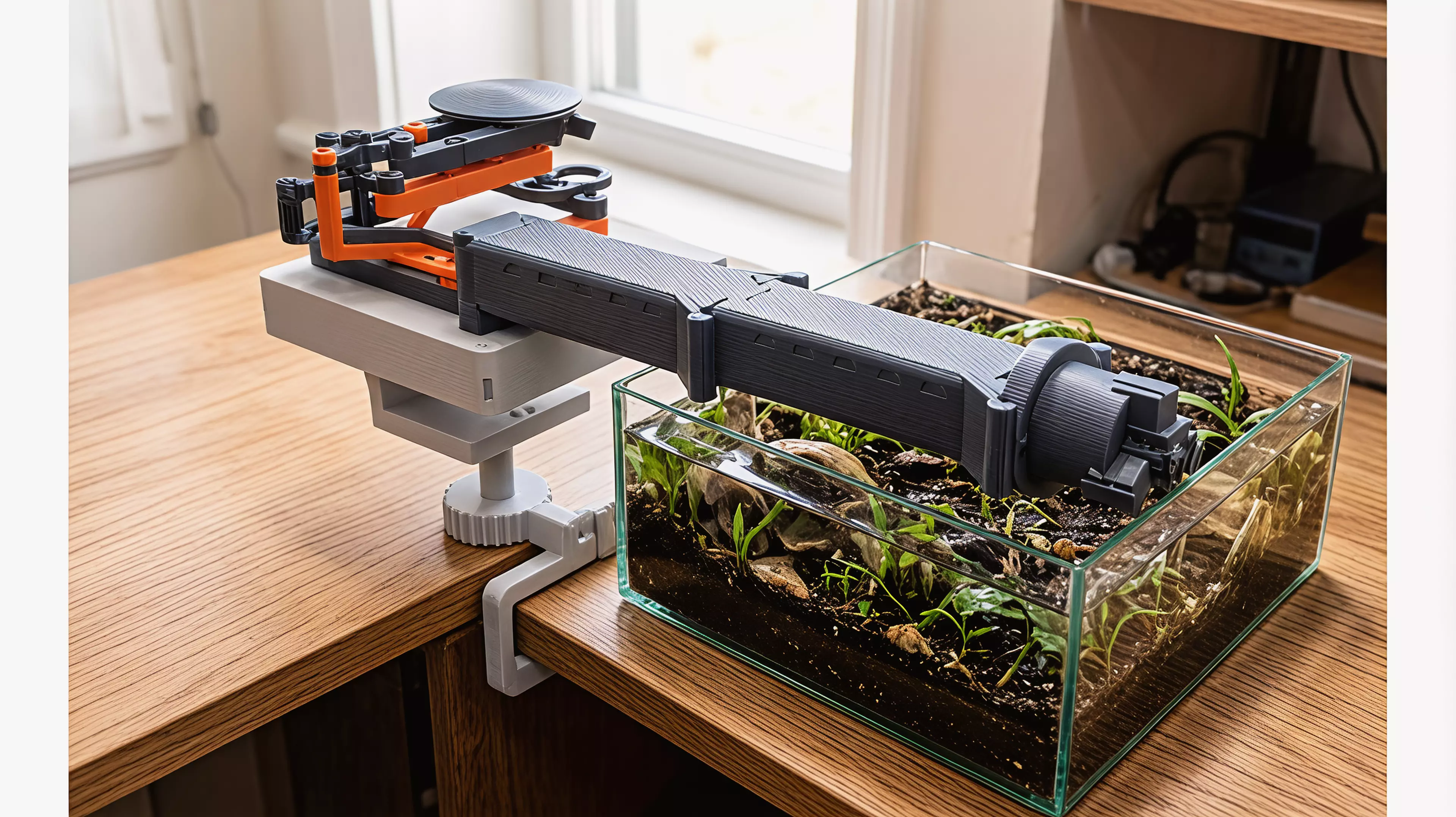 A bench-clamped manipulator that mirrors your hand at 2:1 - squeeze, twist and thumb-push drive a gimballed three-jaw gripper down a stackable boom, for steady, dexterous work inside aquariums, terrariums and tight chassis your hand cannot reach.
