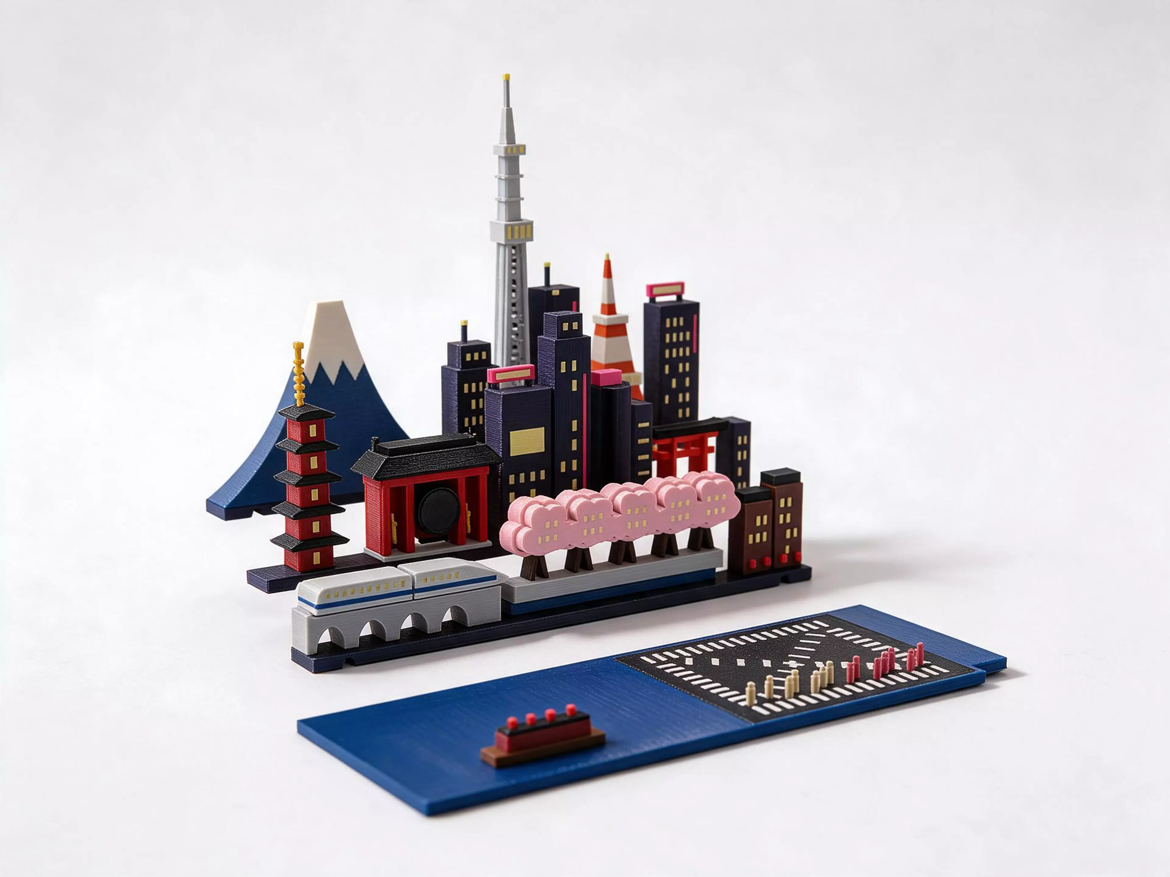 A Tokyo set for the Moonlit Atlas pop-up book: three rows of miniature buildings and a harbour plate that click onto the book's row frames with magnets. In this set: Mount Fuji, Tokyo Skytree and Tokyo Tower, the Kaminarimon gate with its red lantern, a five-storey pagoda, the Shibuya crossing, a shinkansen, and cherry blossom along the Meguro River. Windows and stars glow in the dark, with no batteries. It needs the Moonlit Atlas book, which is sold separately and comes with New York, and it swaps with any other city set in seconds.