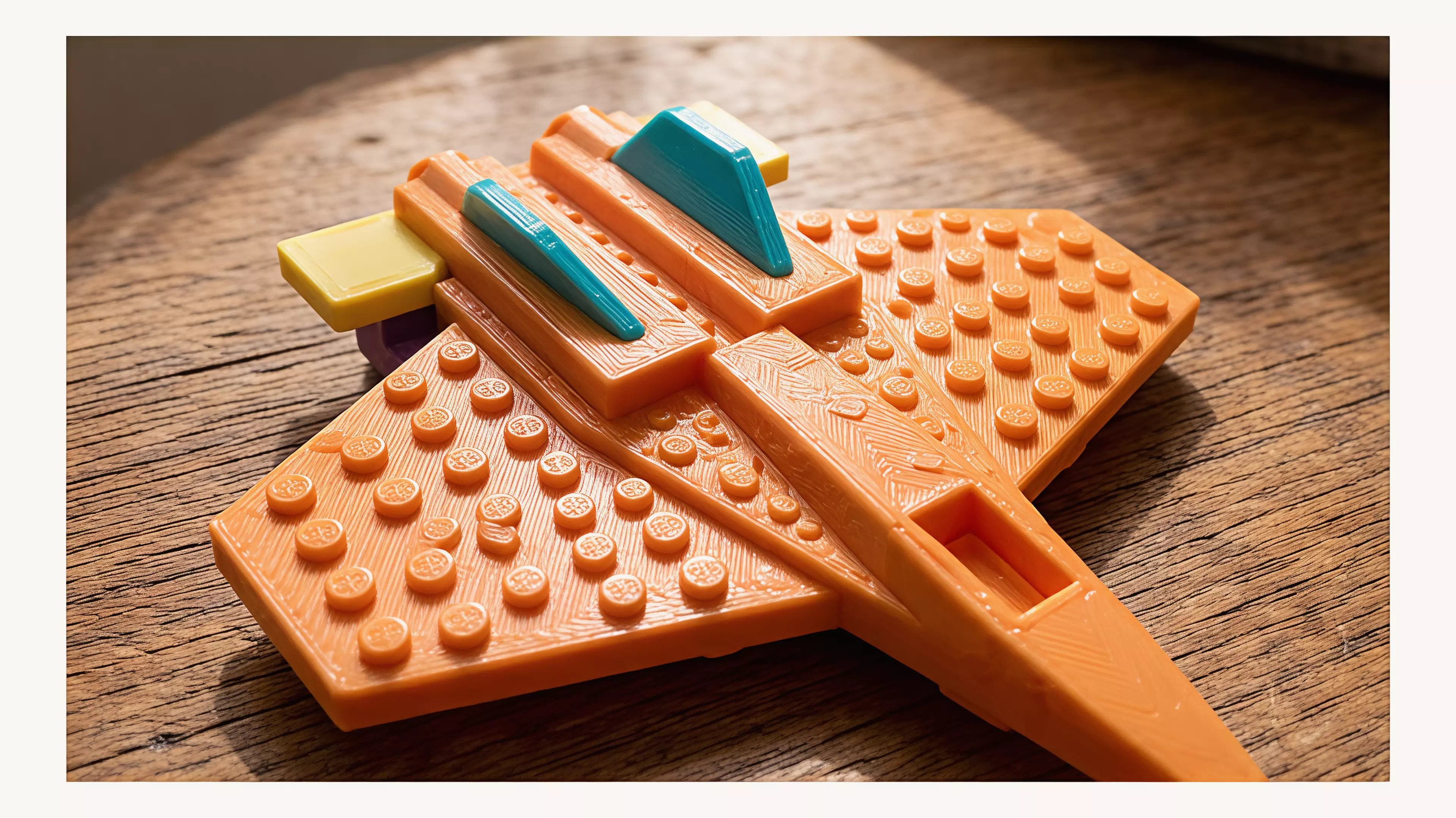 A single-piece, stylized F-14 Tomcat brick-jet (set-c aggressive wedges) with a LEGO-standard stud grid on its upper surfaces so real System bricks/plates clutch on; flat belly for desk display. Printed belly-down, PLA, supports on.