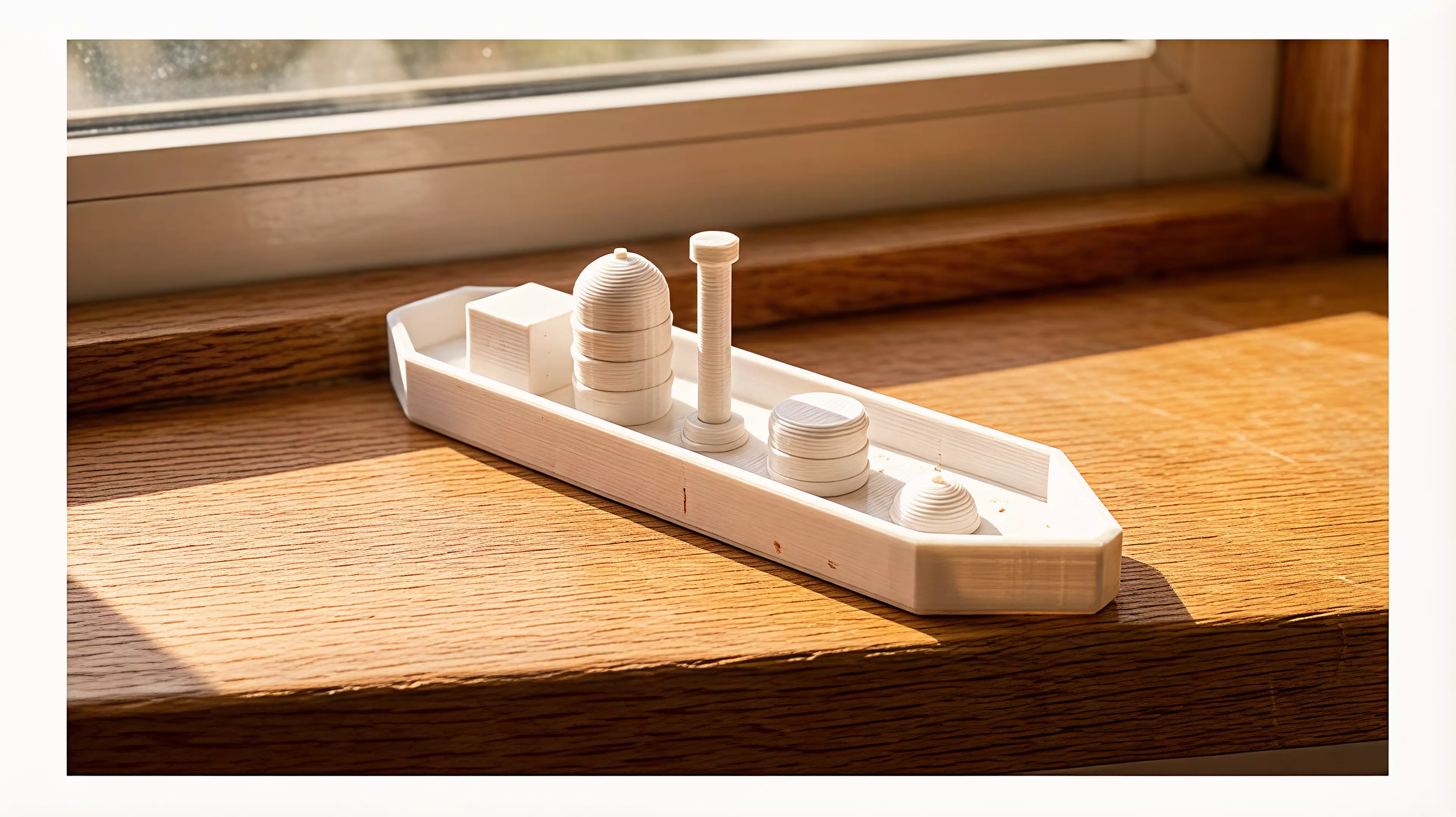 A 6-part toy cargo barge: one hull plus five separate deck-cargo pieces (crate, tall tank/silo, mast, drum, dome hatch) that peg into locating bosses on the deck, in a rugged industrial-workboat style (rivets, ribbed banding, hard chamfered hull corners).
