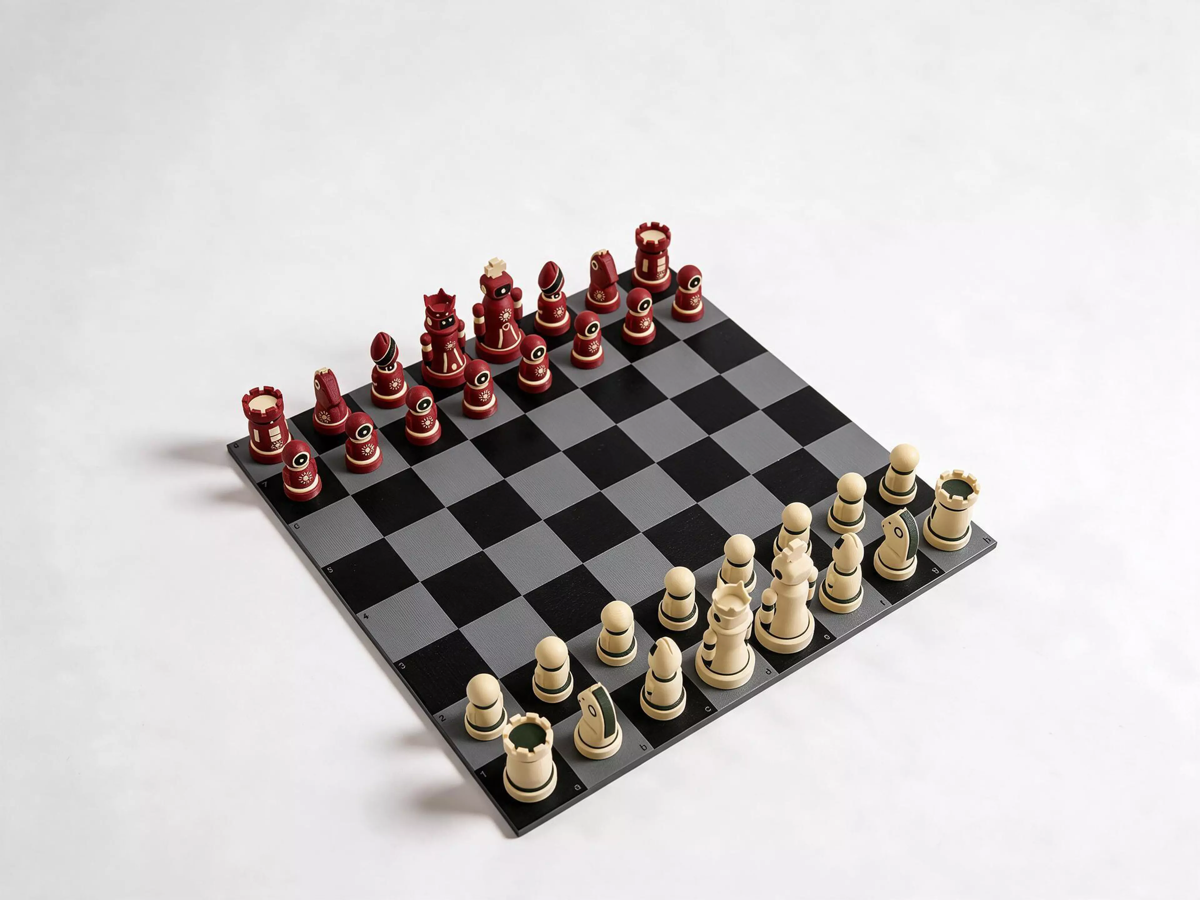A full chess set of little robots, rebuilt from the twelve reference renders in `ref/`: a **terracotta side** (terracotta, cream trim, cream sunburst) and a **cream side** (cream, dark-green trim, green rosette). Both sides use one shape per piece type, so the set plays like any chess set. Sizes follow the FIDE standard: king 95 mm, queen 85, bishop 70, knight 60, rook 55, pawn 50. The board has 54 mm squares, 432 mm across, and prints as four tiles joined by eight keys. The cream side plays White.