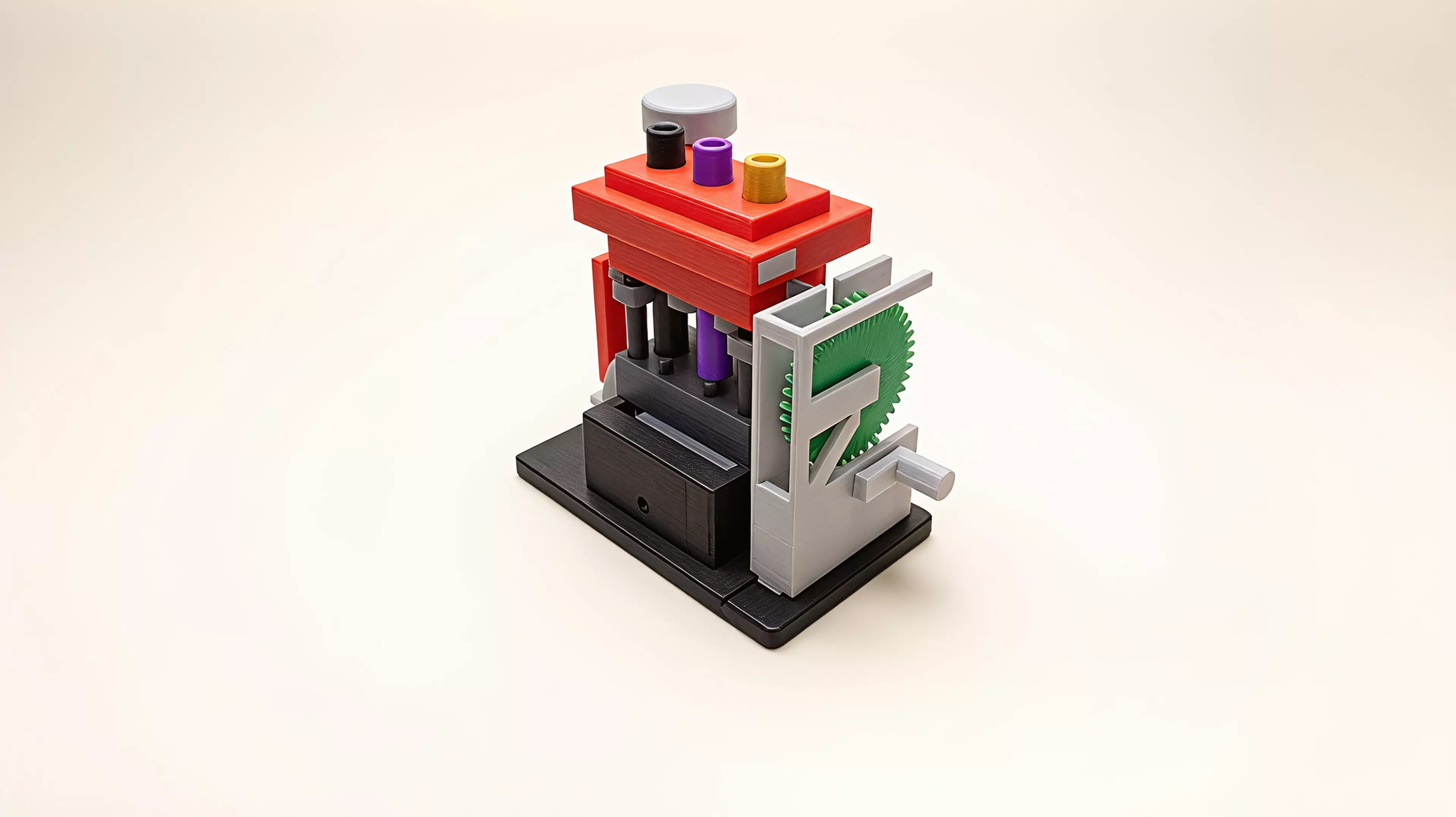 Rod-Drop Scram Console. Three grey rods cocked in a black column, white drum reading GREEN. Palm the mushroom — latch slides 0.20 in, rods drop 0.94 in, drum flips to SCRAM.