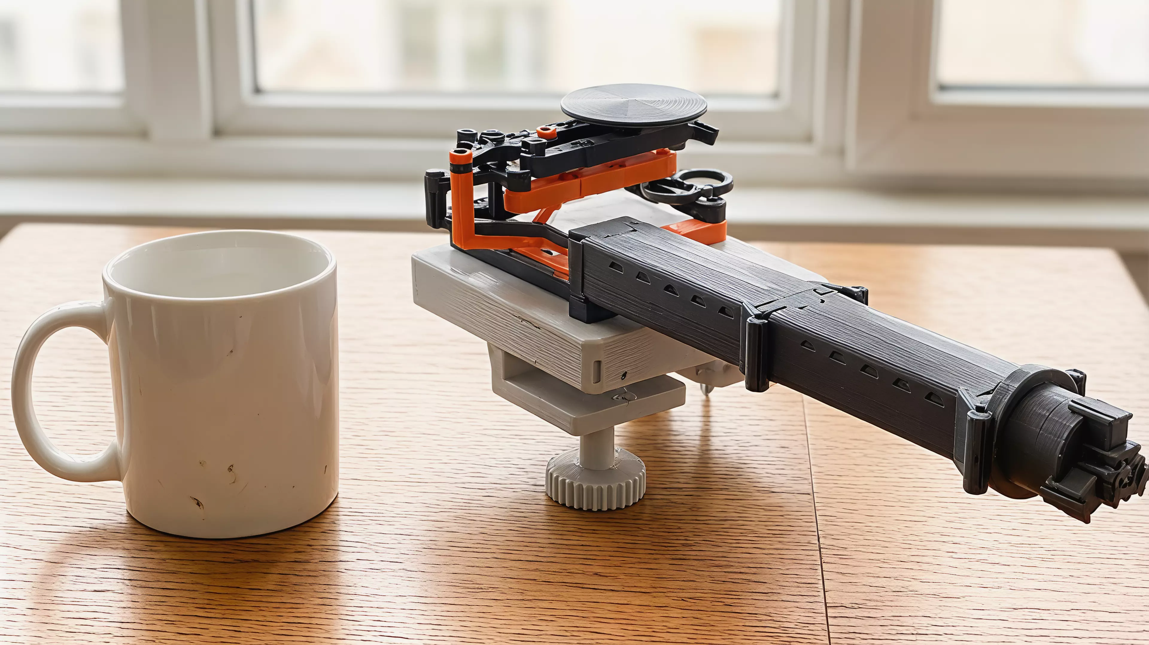 A bench-clamped manipulator that mirrors your hand at 2:1 - squeeze, twist and thumb-push drive a gimballed three-jaw gripper down a stackable boom, for steady, dexterous work inside aquariums, terrariums and tight chassis your hand cannot reach.