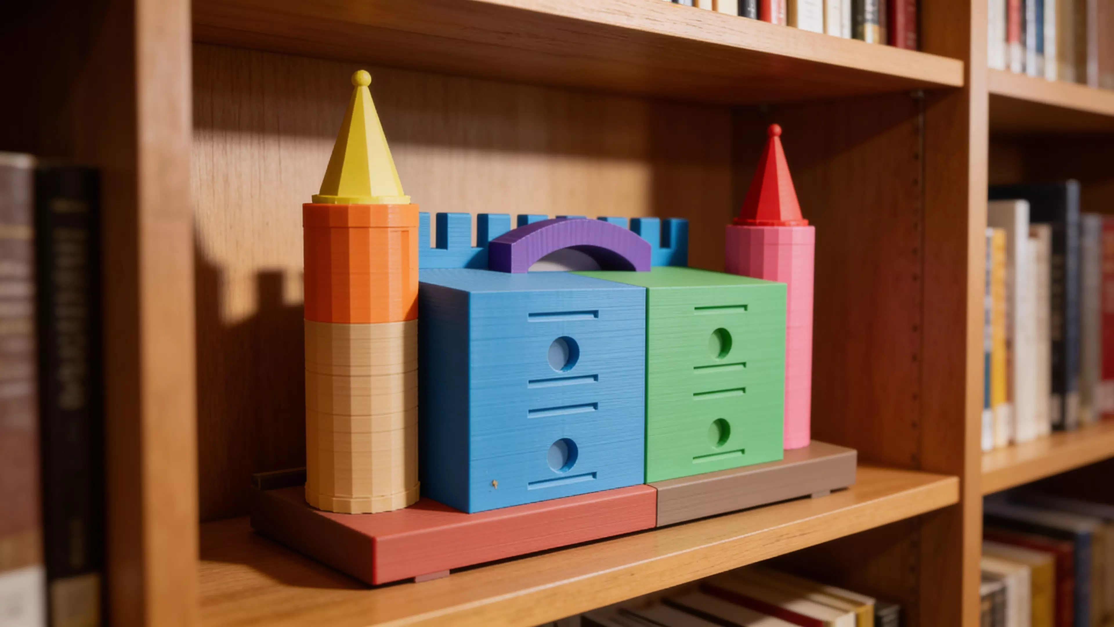A pearl-white "fairytale-fortress" desktop rack that actually holds four real DGX Sparks (150×150×50.5 mm, 1.2 kg each) in a 2×2 slide-in grid, built from 9 printed modules that bolt together with hidden M4 hardware.