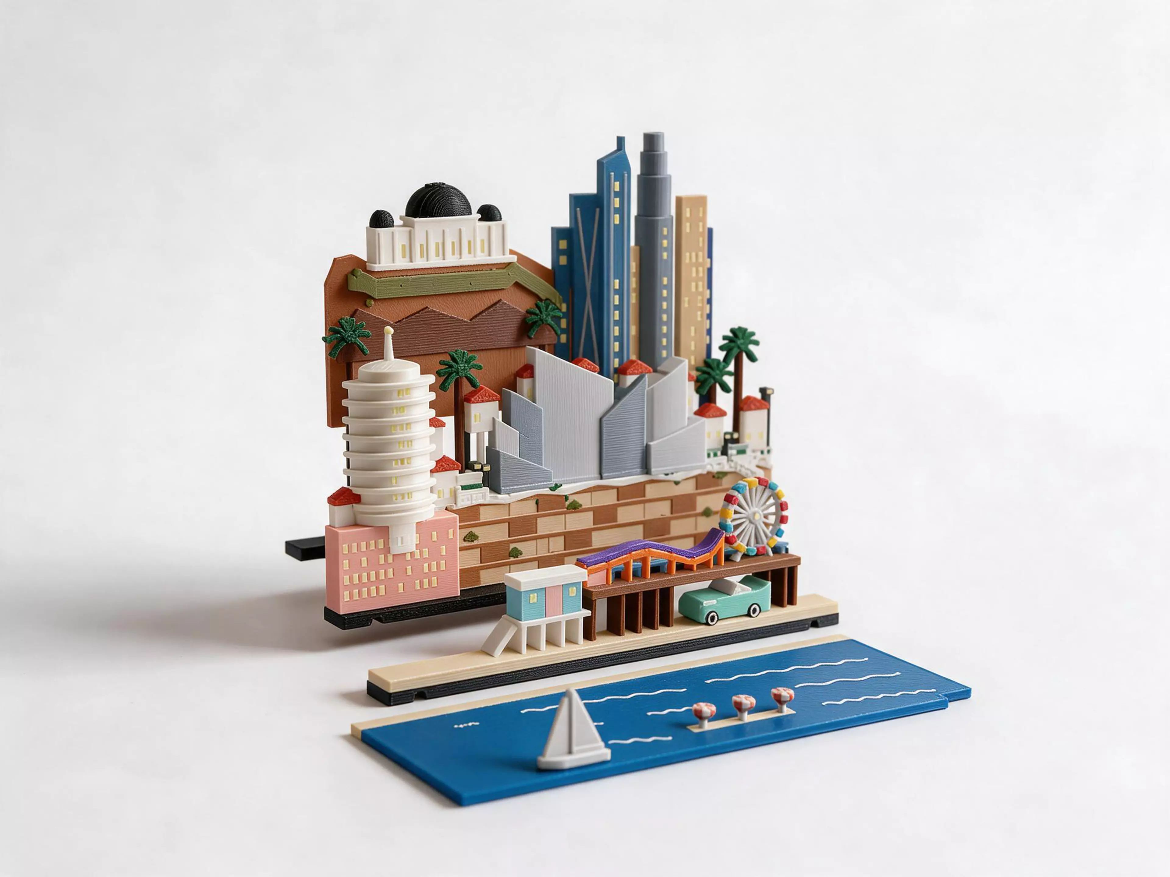 A Los Angeles set for the Moonlit Atlas pop-up book: three rows of miniature buildings and a harbour plate that click onto the book's row frames with magnets. In this set: Griffith Observatory on the Hollywood Hills, the downtown skyline with the US Bank Tower, the Capitol Records tower, the curving steel sails of the Walt Disney Concert Hall, palm trees along the Palisades bluff, the Santa Monica Pier with its Ferris wheel and roller coaster, a lifeguard tower, a vintage convertible, and a sailboat on the Pacific. Windows and stars glow in the dark, with no batteries. It needs the Moonlit Atlas book, which is sold separately and comes with New York, and it swaps with any other city set in seconds.