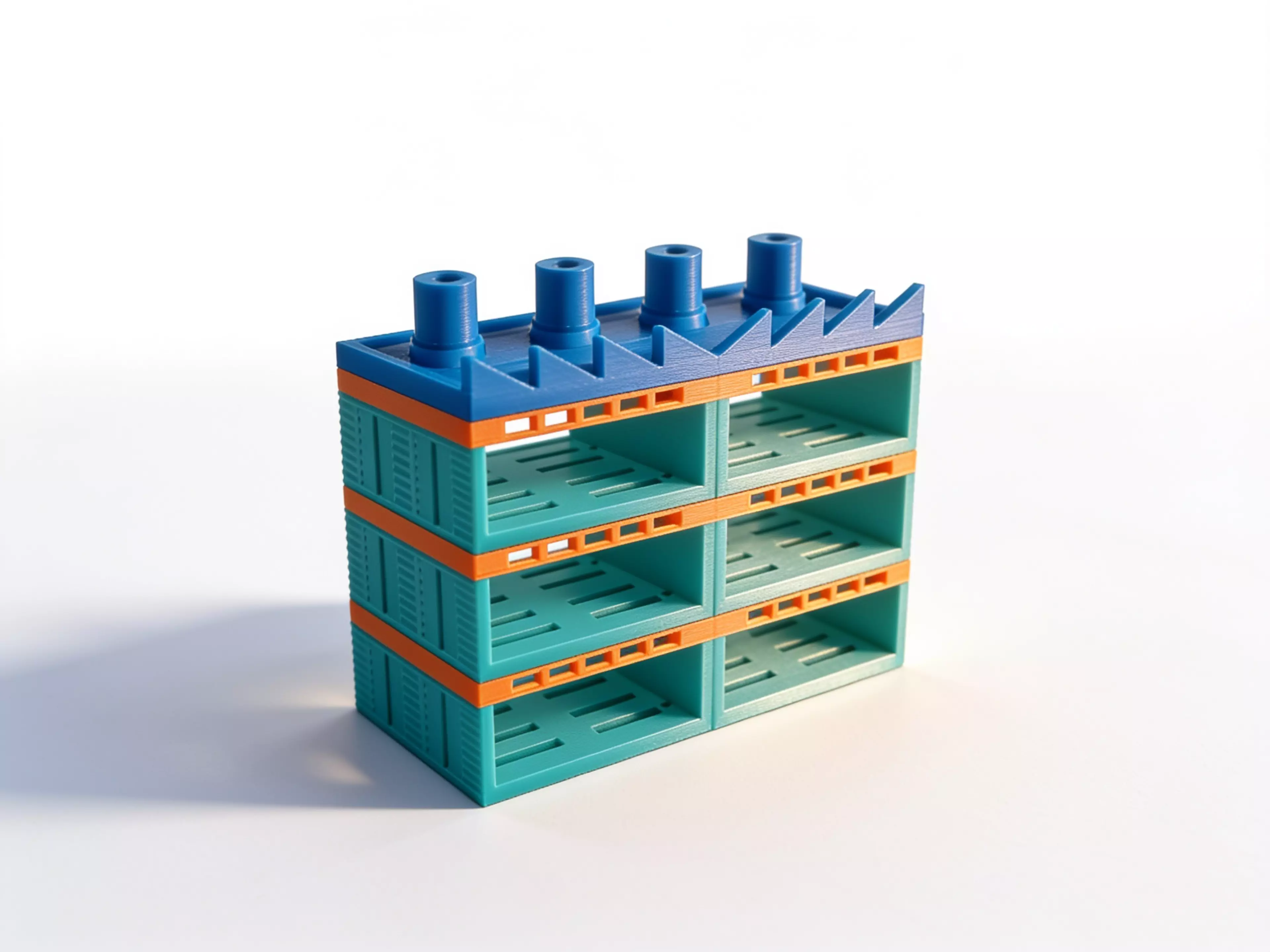 A 3-tier, 6-node modular factory-building stand for DGX Spark nodes (336 × 160 × 286.5 mm assembled), split into support-free FDM parts ≤ 168 × 160 × 61.5 mm, with a detachable 4-chimney Crown.