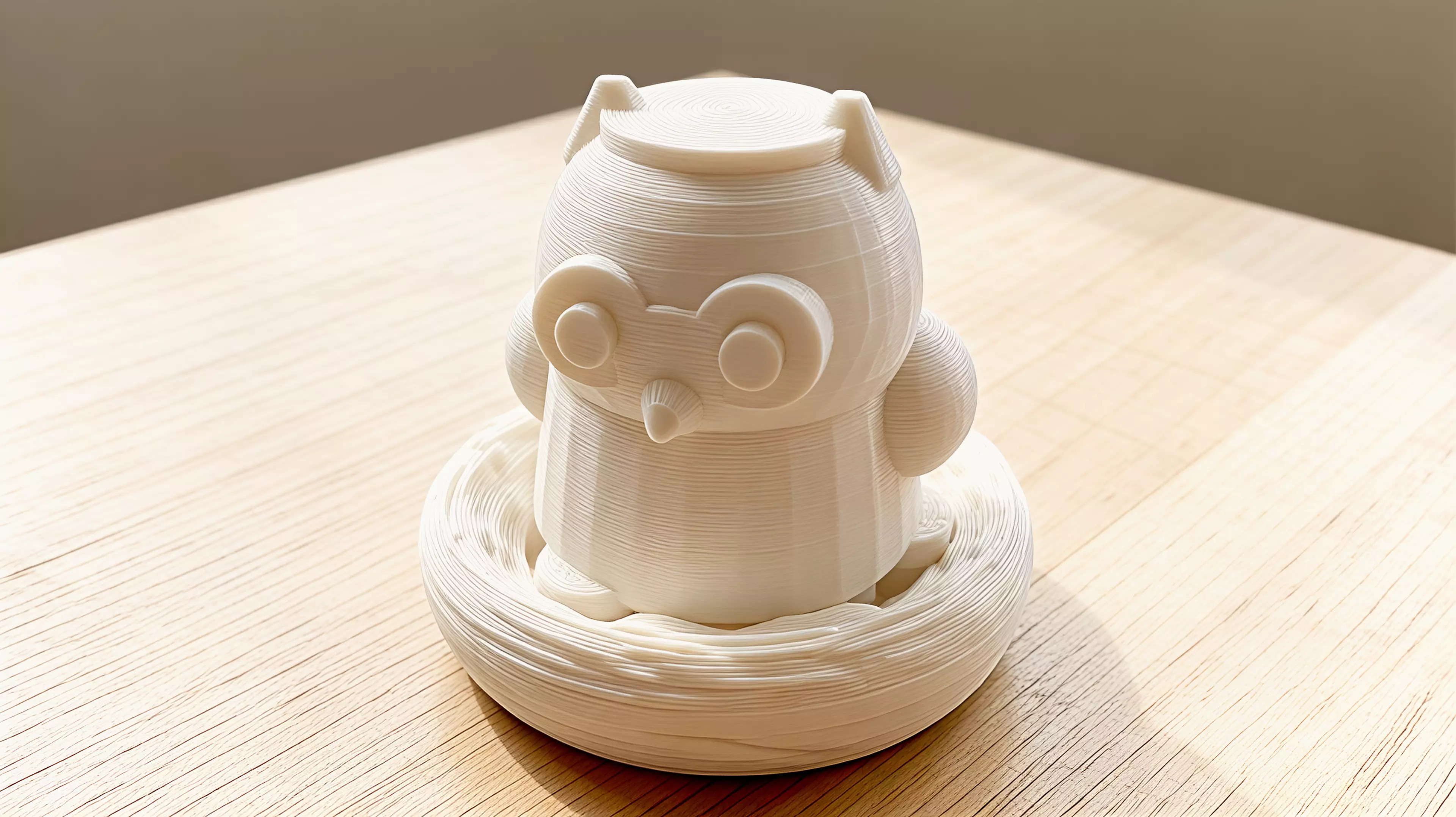 A two-part printable owl that turns about 30 degrees as three shaped feet descend through a reversible curved nest; flipping the nest reverses the turn.