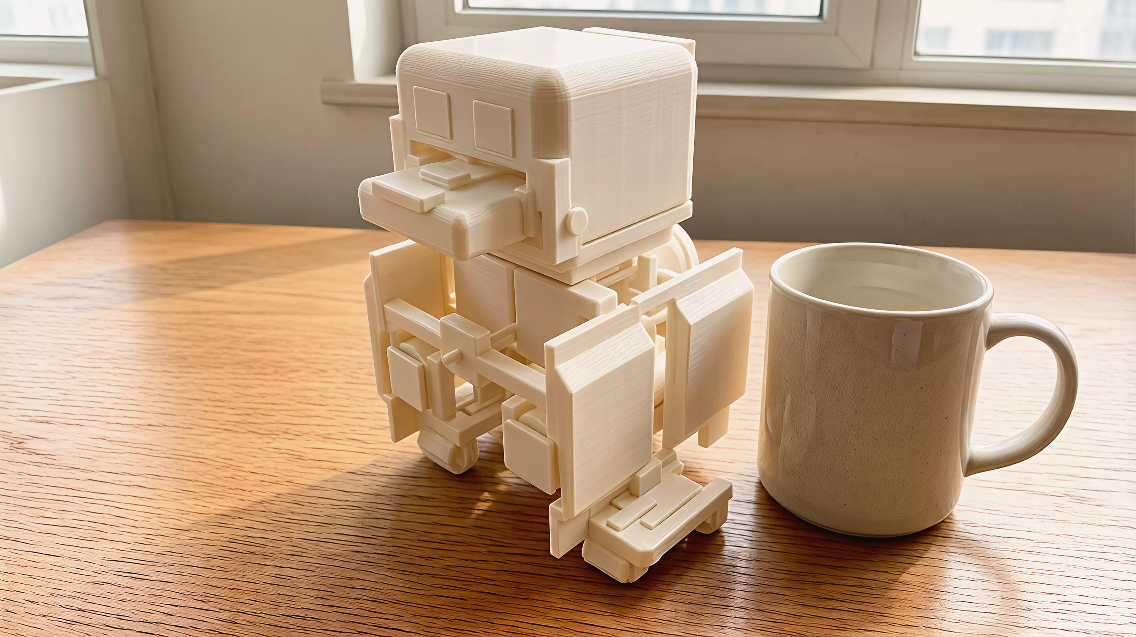 An original palm-size all-printed duck-like desk automaton designed around a visible ring crank, eccentric cam, paired-hip waddle, opening clip beak, rocking belly, keyed eyes, and removable captive-roller skates.