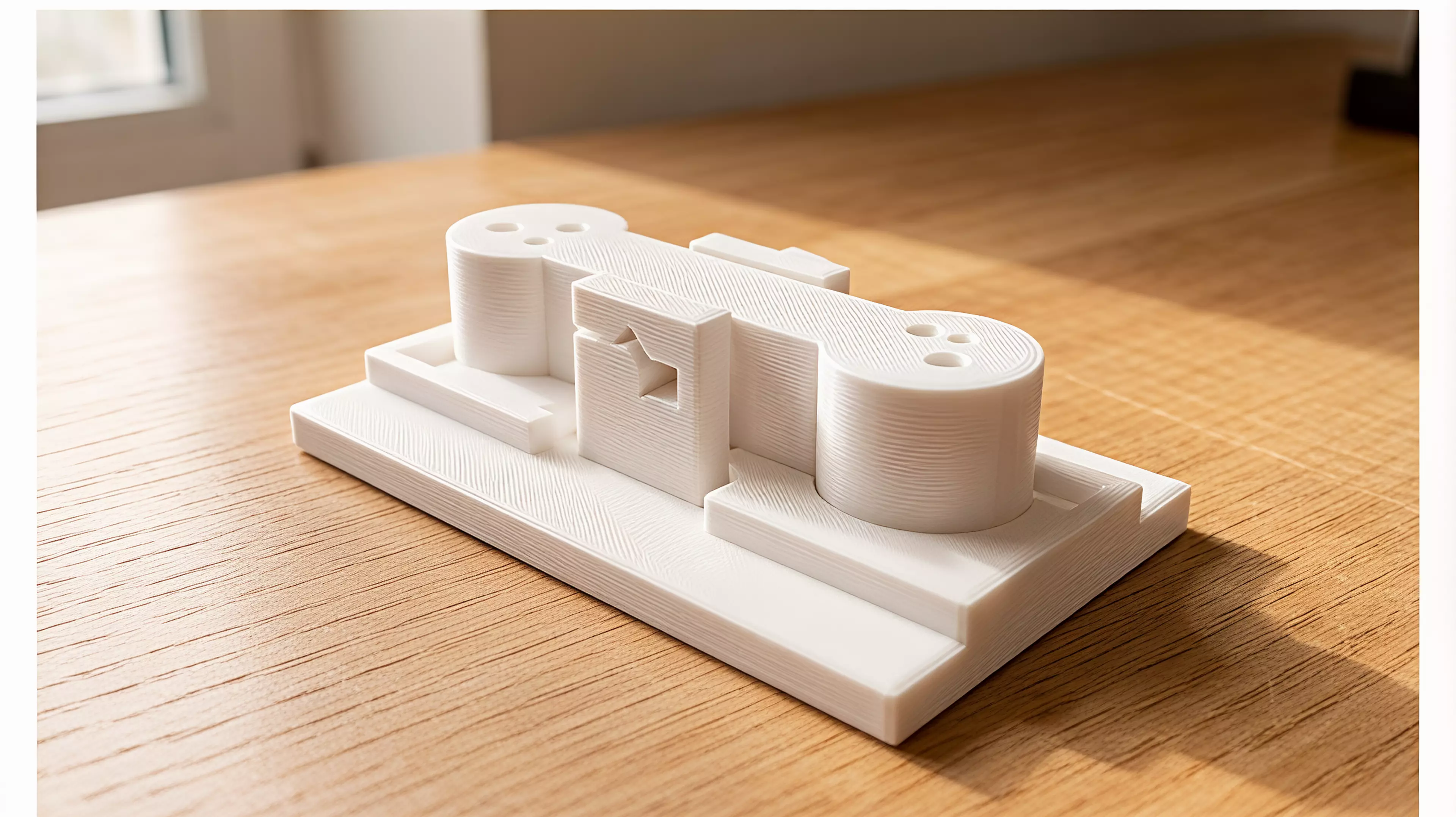 A palm-sized, three-part printable desk mechanism whose exposed rocker makes one cratered moon rise when the other is pressed.