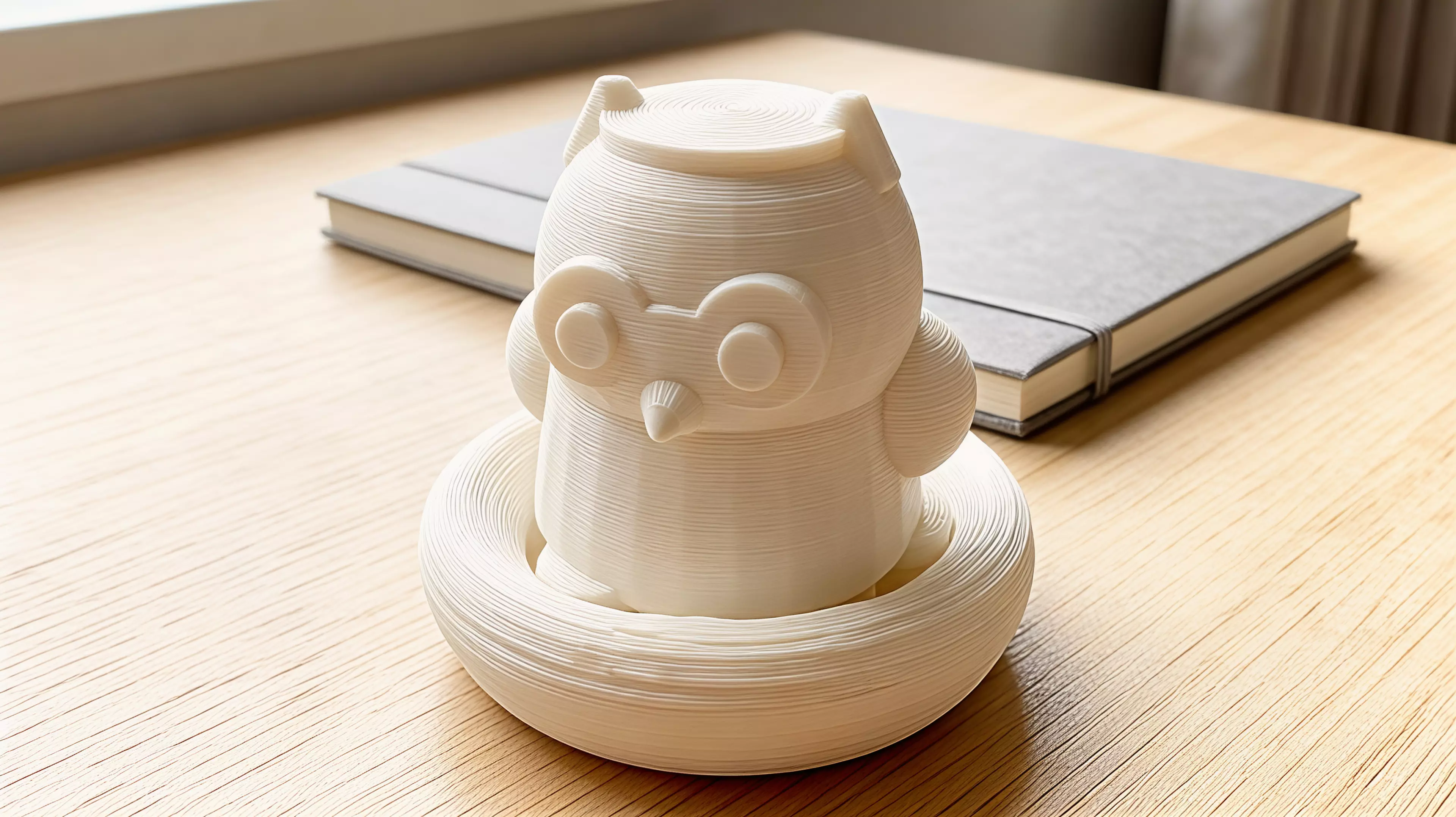 A two-part printable owl that turns about 30 degrees as three shaped feet descend through a reversible curved nest; flipping the nest reverses the turn.