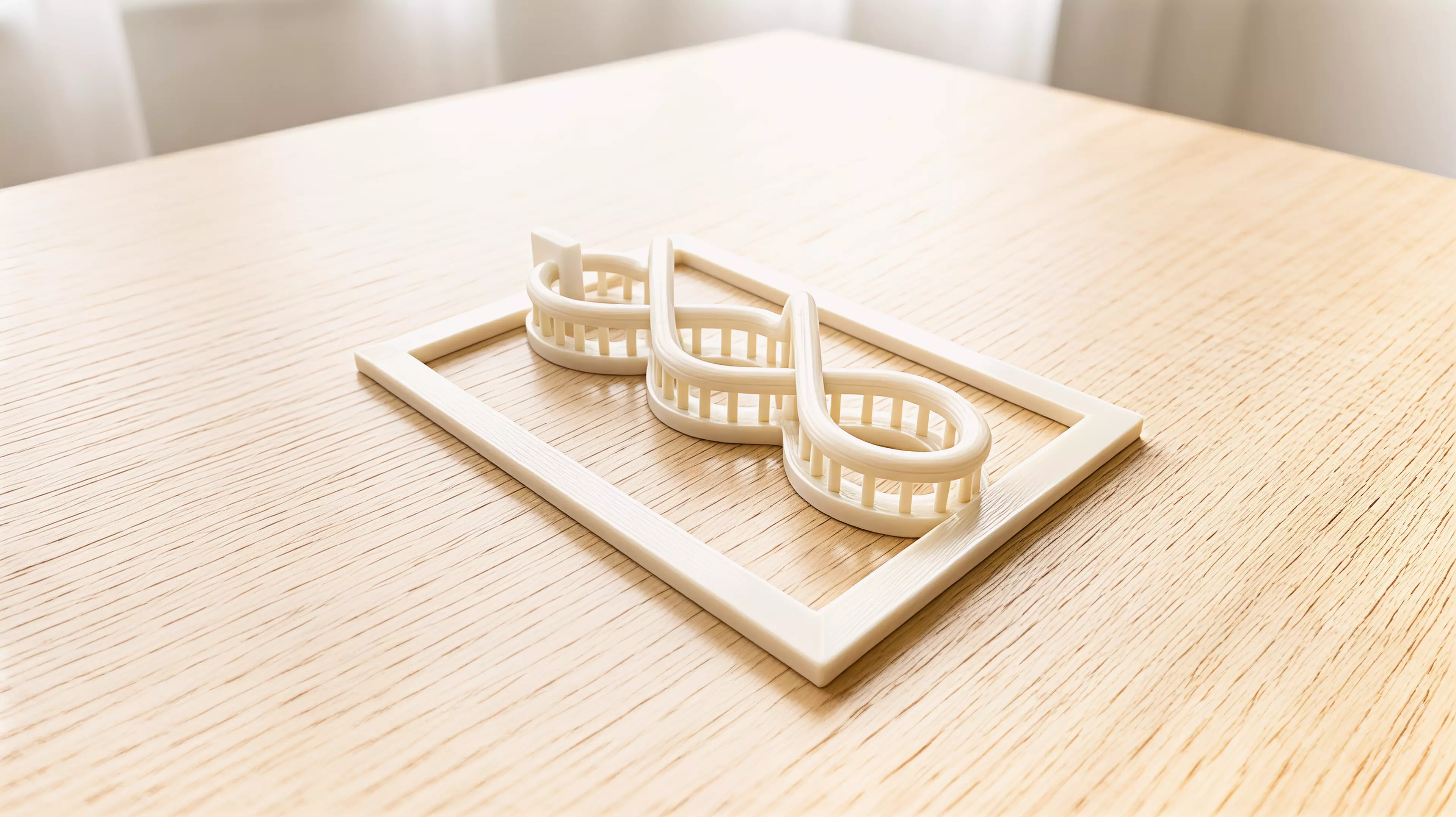 A one-handed print-in-place desk toy whose captive moon runner follows one fully visible braided figure-eight route through two separated bridges and returns home by continued thumb motion.