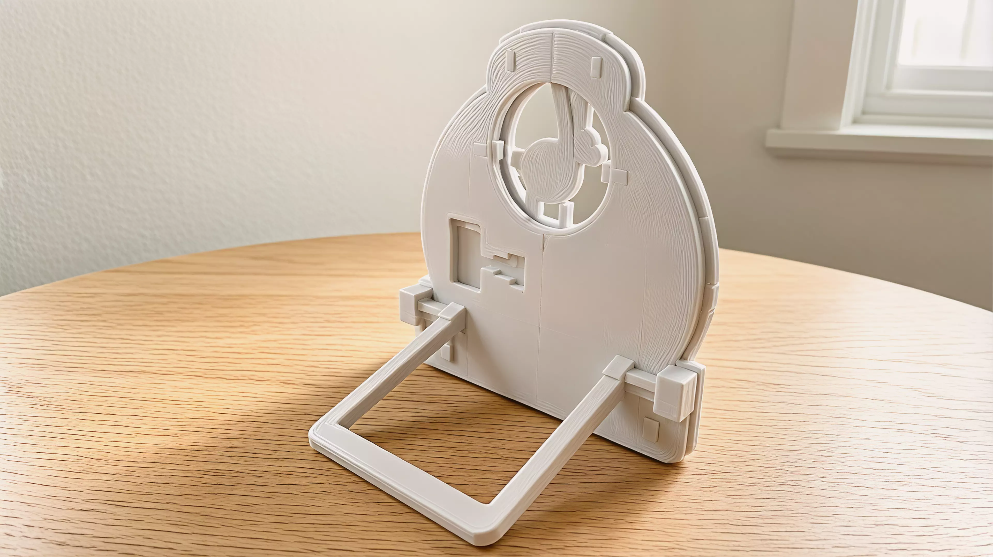 A four-part hand-powered moon gate with a captured reel that casts indexed rabbit, fox, and owl shadows from an ordinary external phone flashlight.