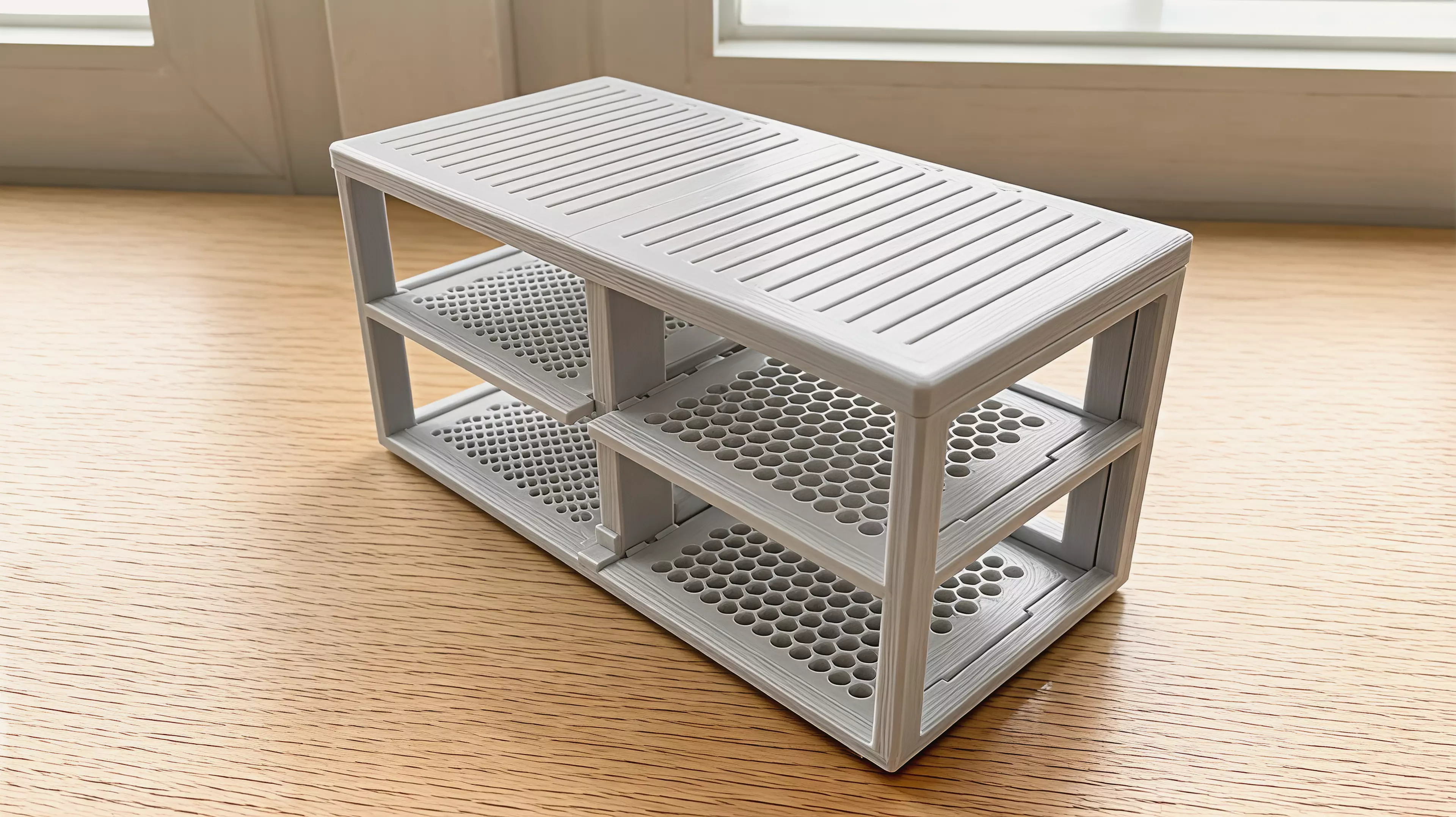 A 9-part FDM-printable 2x2 stacked stand for four 150x150x50.5 mm DGX Spark nodes: a full-height base/spine frame with dual vertical posts, four cantilevered vented shelf trays (fastened with M4 SHCS into heat-set inserts), and four TPU anti-vibration feet — matte tool-grey body with hazard-amber…
