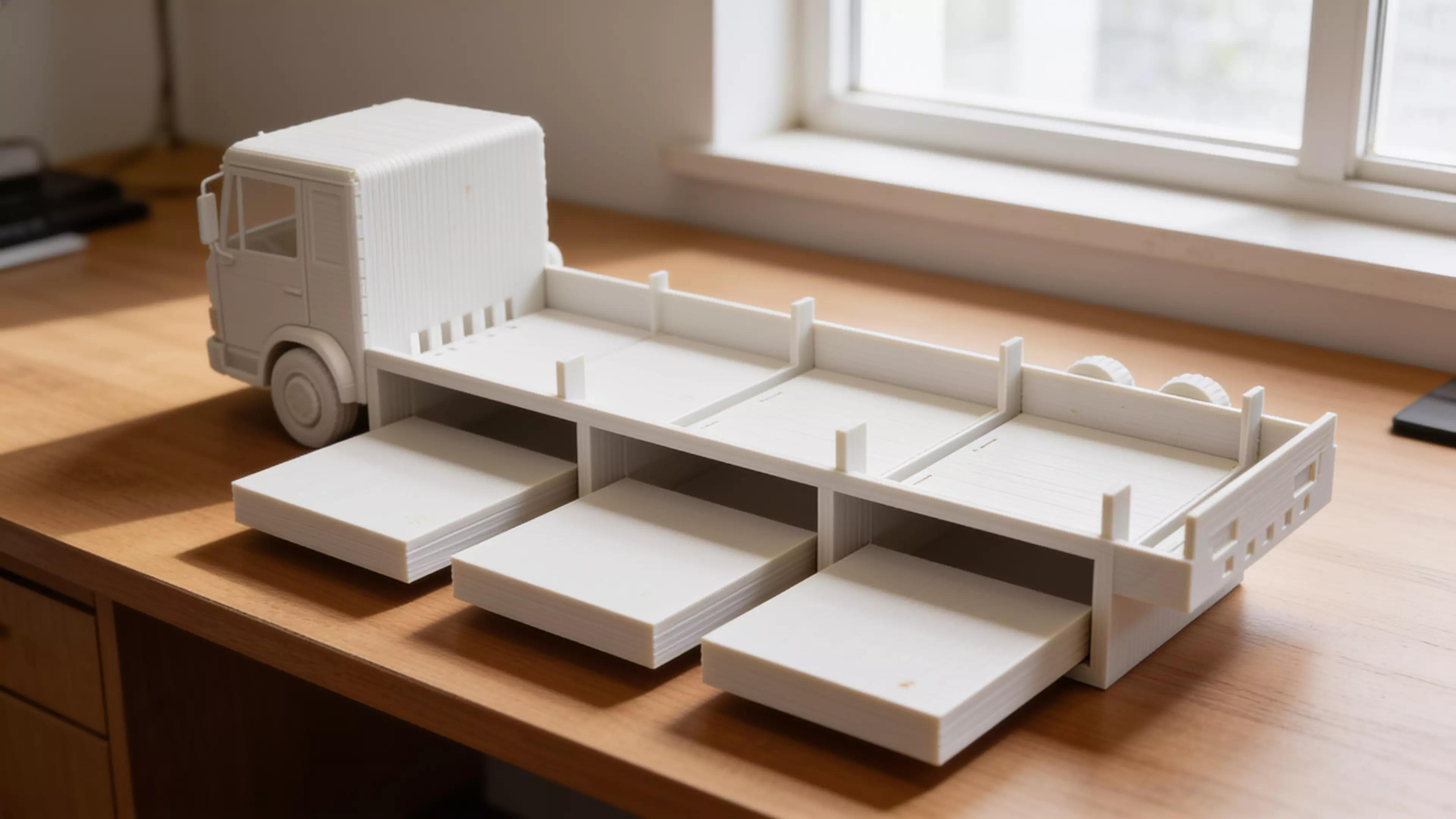 A pastel "future truck" desk shelf that carries 4 real DGX Spark units (150 × 150 × 50.5 mm) lying flat in a long row along the truck bed — built as a modular train of identical cargo bays between a cute pixel-face cab and a styled tail, on decorative six-wheel running gear.