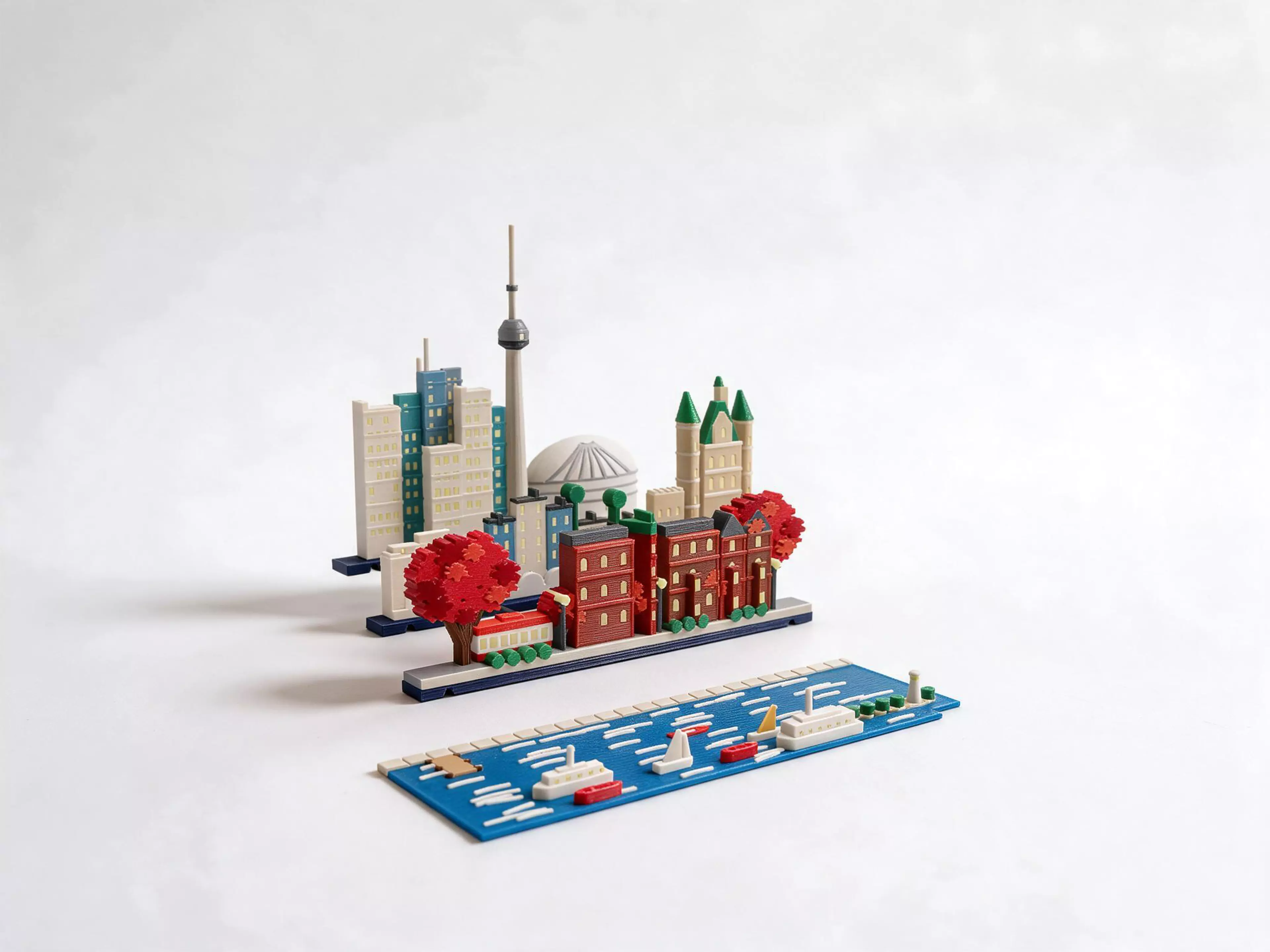 A Toronto set for the Moonlit Atlas pop-up book: three rows of miniature buildings and a harbour plate that click onto the book's row frames with magnets. In this set: the CN Tower above the downtown towers, the Rogers Centre dome, Casa Loma with its green copper turrets, Union Station, the wedge-shaped Gooderham Flatiron, red-brick Victorian row houses, a red-and-white streetcar, red maples and street lamps, and Lake Ontario with the island ferry, a sailboat, red canoes and the Toronto Island lighthouse. Windows and stars glow in the dark, with no batteries. It needs the Moonlit Atlas book, which is sold separately, and it swaps with any other city set in seconds.