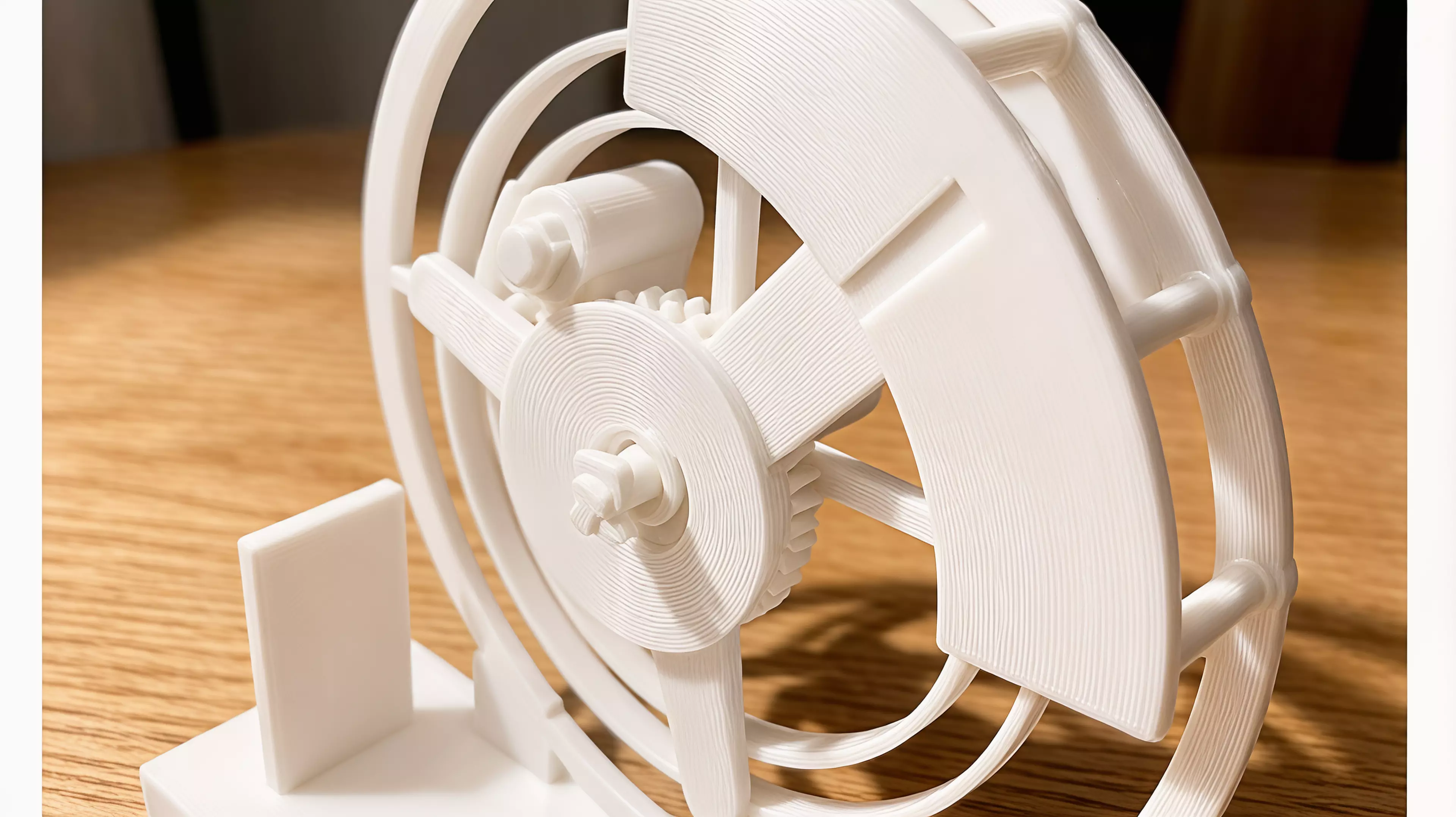 An all-printable hand-cranked desktop automaton in which a geared carrier guides a captive moon through a visible orbit and back through a fixed C-shaped mouth every two crank turns.