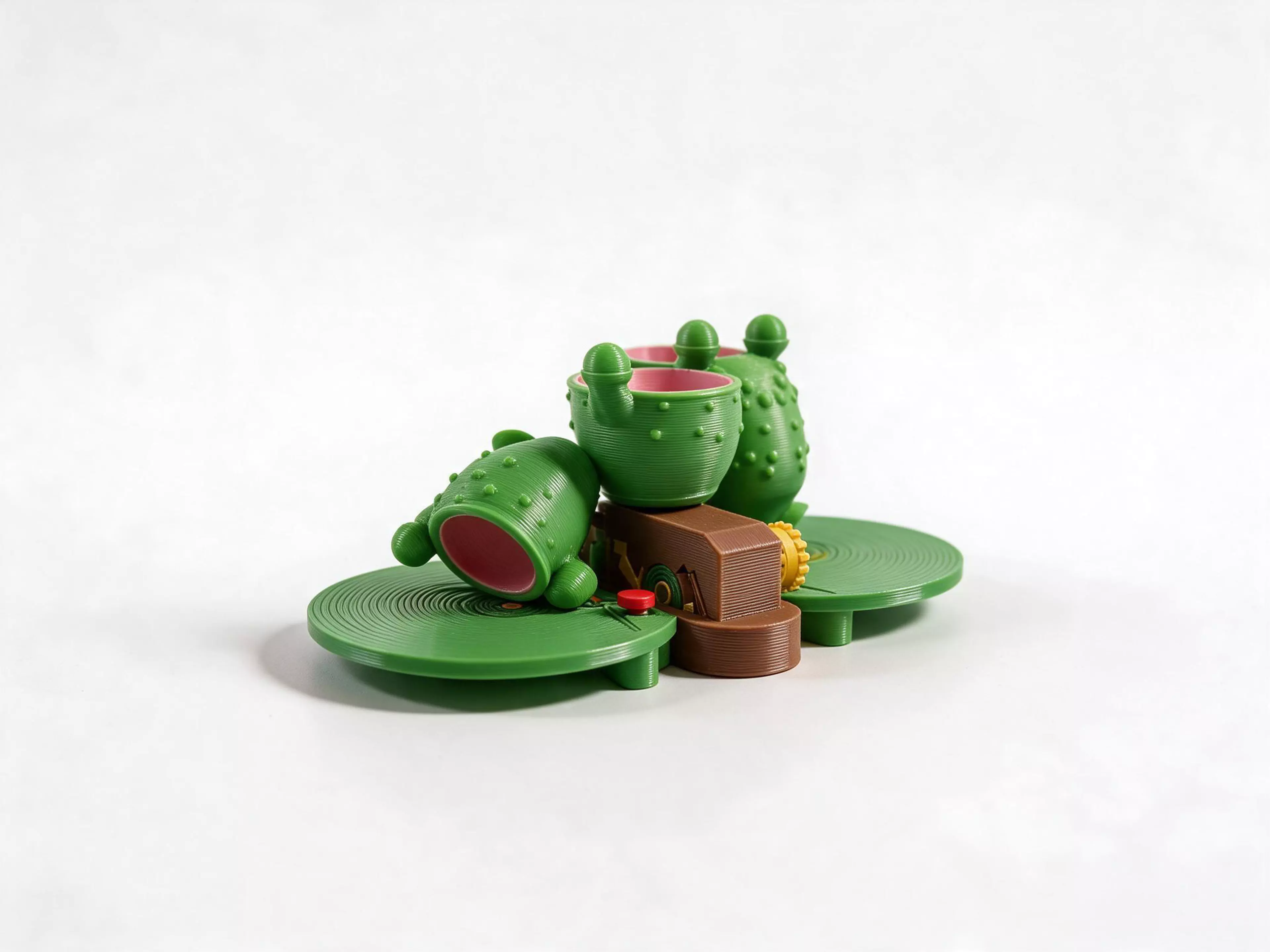 Two-player reflex race: take turns turning the knob one notch at a time until the nest shoots a fly up, then slap your flower first so your frog swings in and catches it.