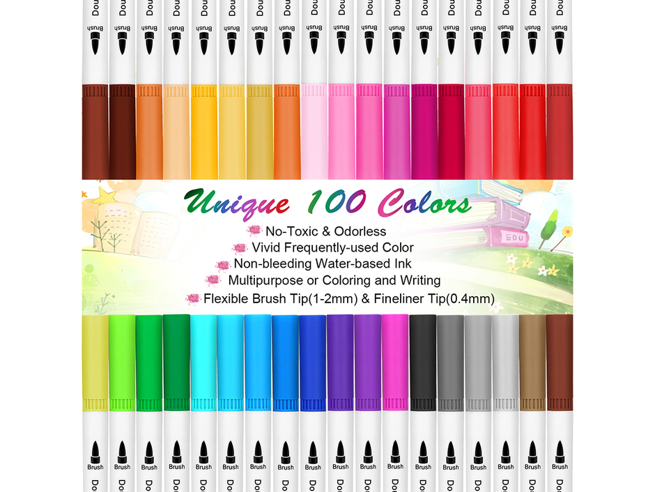 AGPTEK 100 Colors Dual Tip Brush Marker Pens with 0.4 Fine Tip: Non-Toxic Odorless