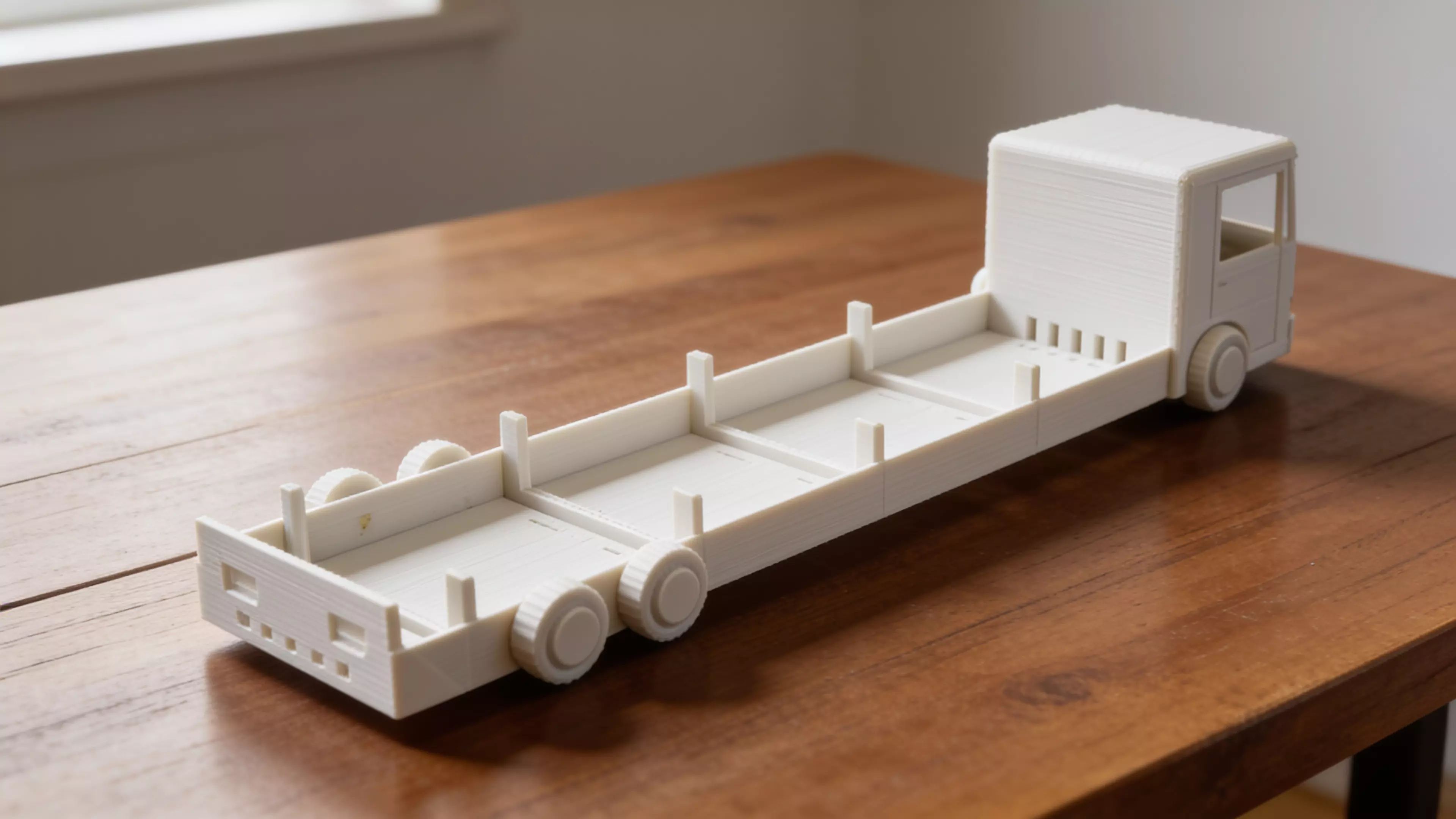 A pastel "future truck" desk shelf that carries 4 real DGX Spark units (150 × 150 × 50.5 mm) lying flat in a long row along the truck bed — built as a modular train of identical cargo bays between a cute pixel-face cab and a styled tail, on decorative six-wheel running gear.