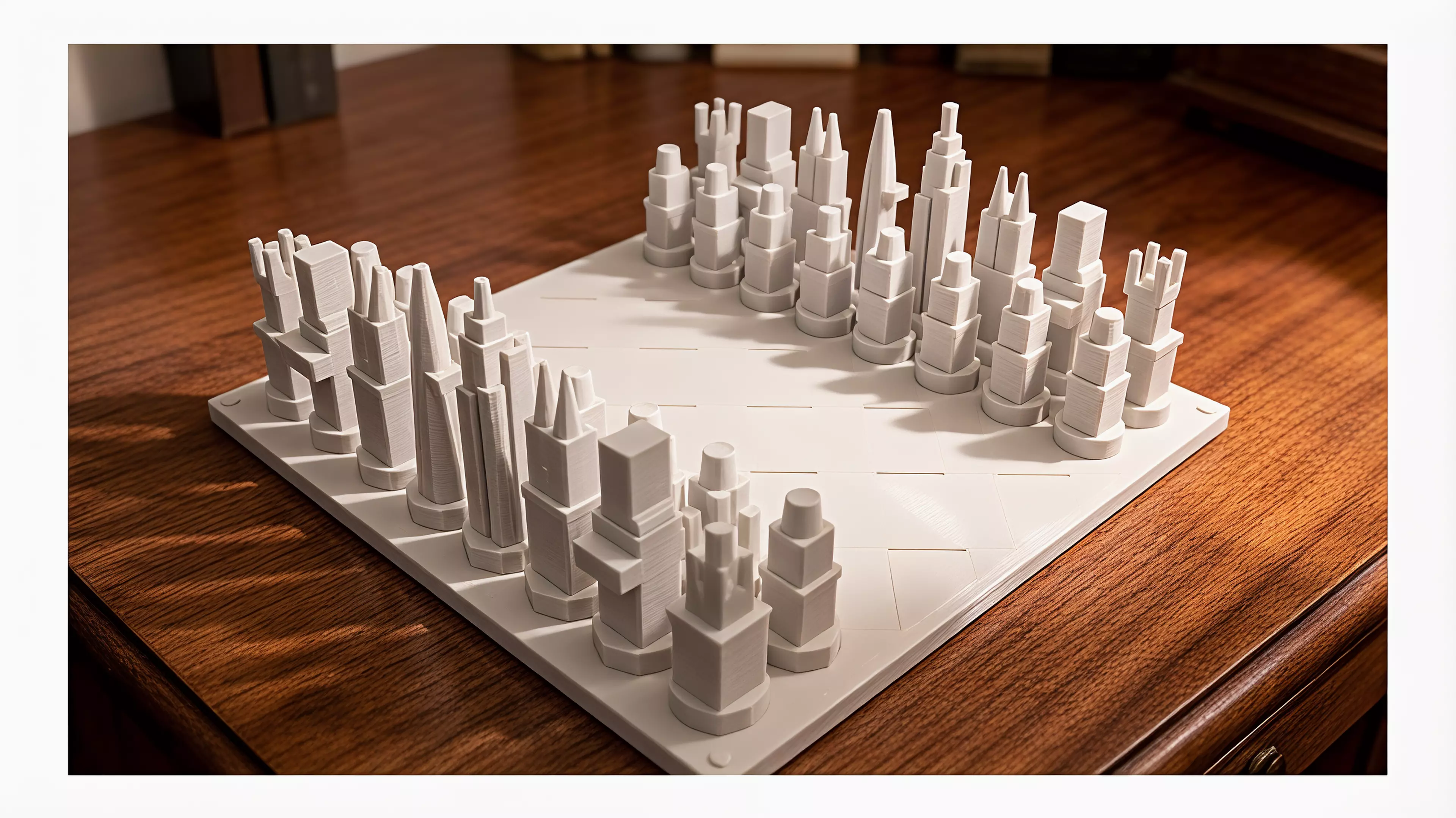 A compact standard-rules chess set with two tactile armies built from six Ho Chi Minh City architectural silhouettes.