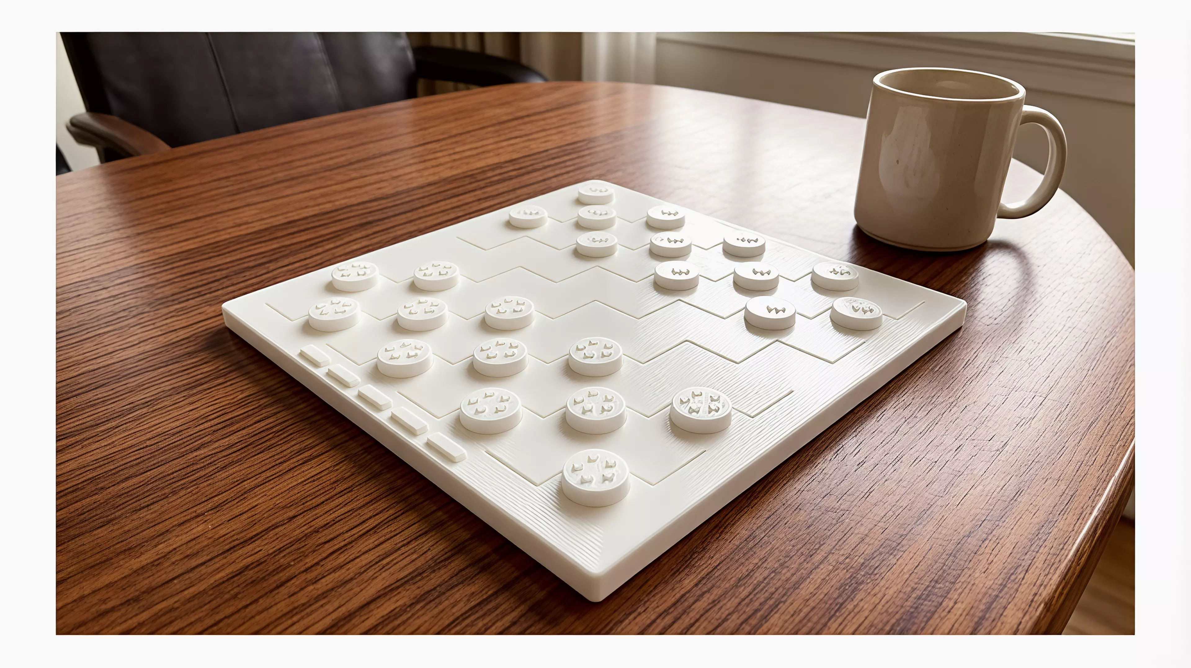 A regulation-readable checkers edition whose five-ring and five-spoke pieces, five brass-like threshold markers, and midnight grid turn the Workshop workflow into table presence without changing the known game.

By Alice.