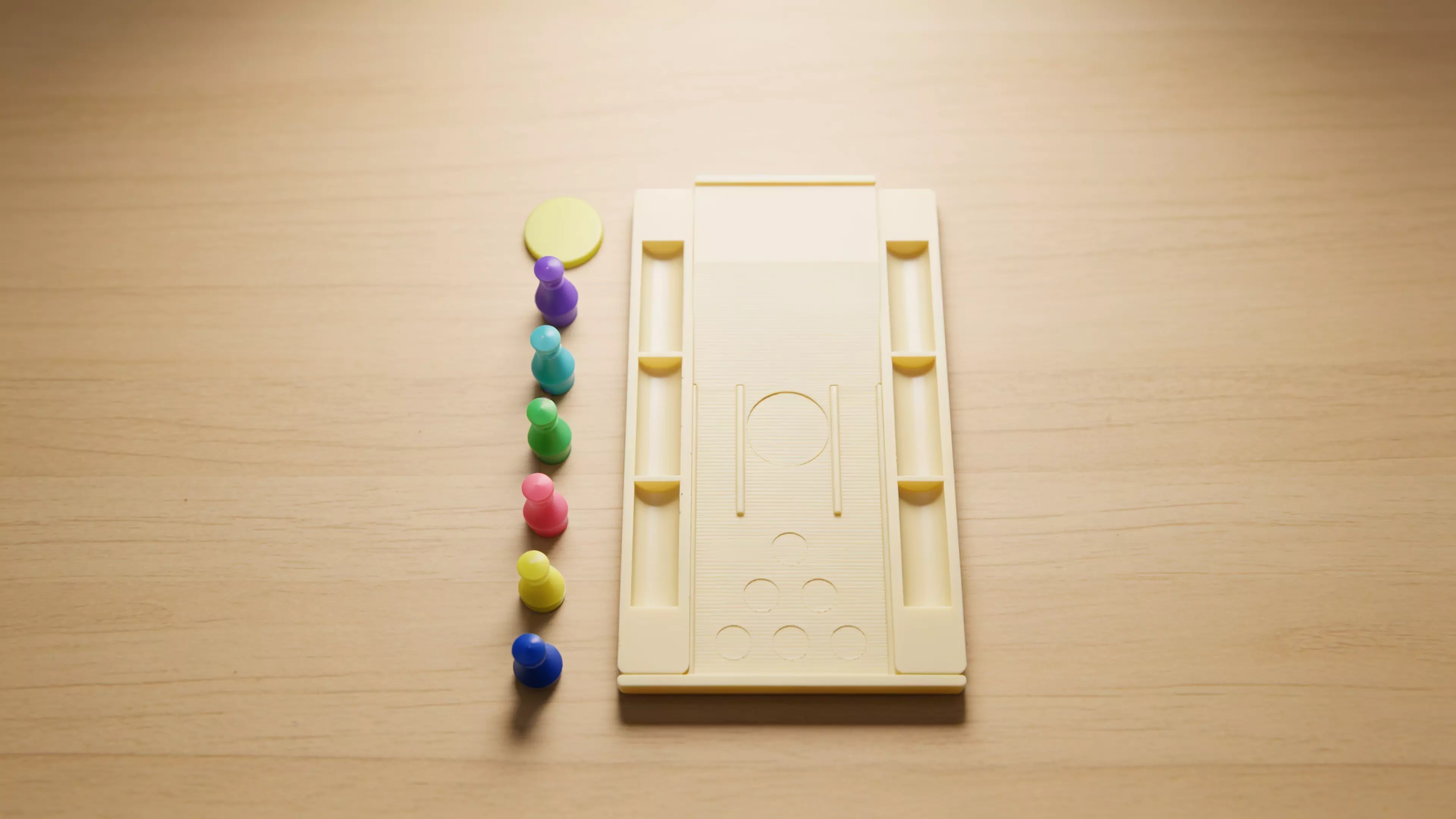 A pocket bowling toy: a lane tray that ramps into a flick-launch pad and doubles as nested storage, six molded pins in a 3-2-1 triangle, and one flick disc — flick the disc off the ramp to send it down the lane into the pins.