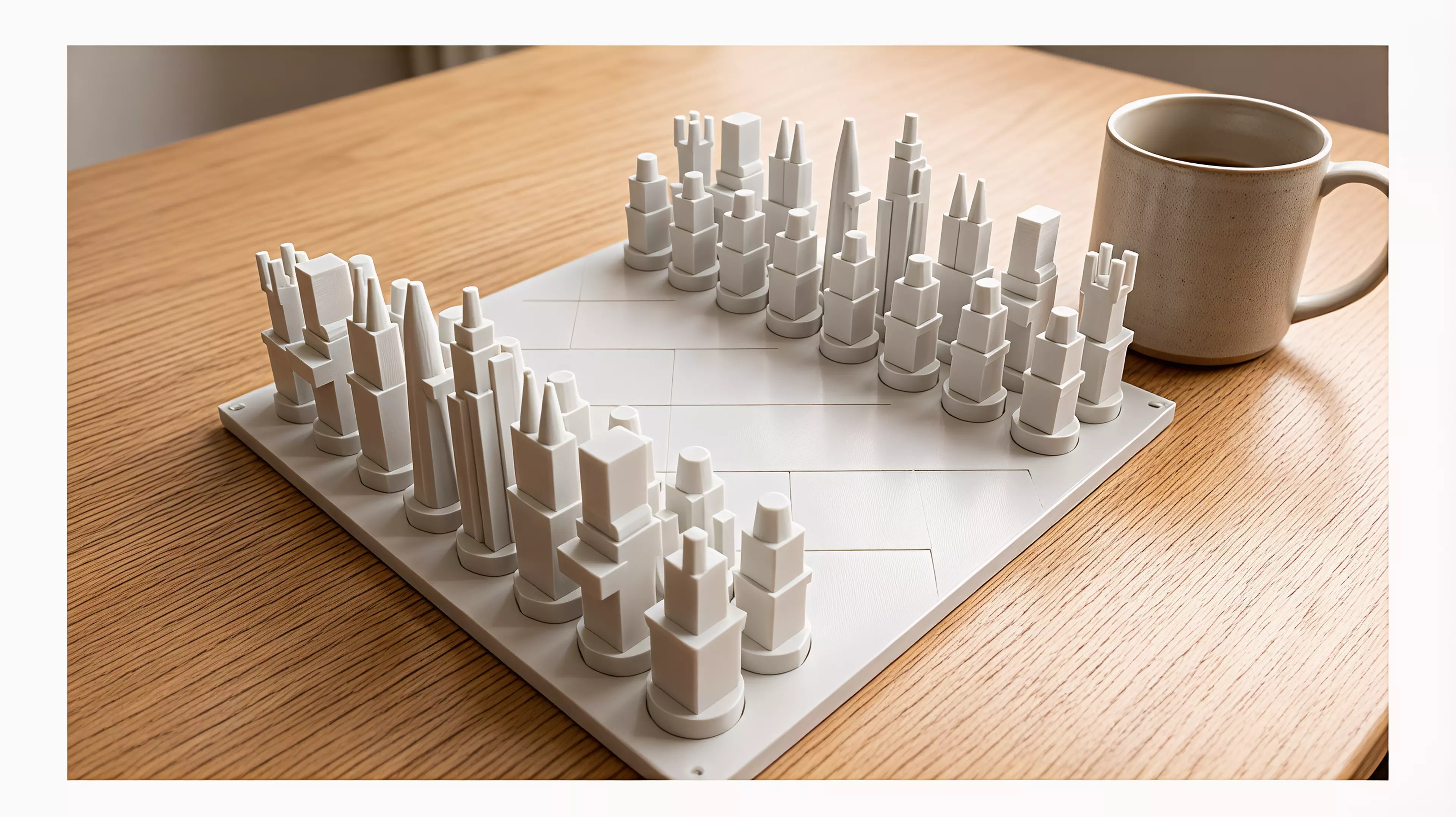 A compact standard-rules chess set with two tactile armies built from six Ho Chi Minh City architectural silhouettes.