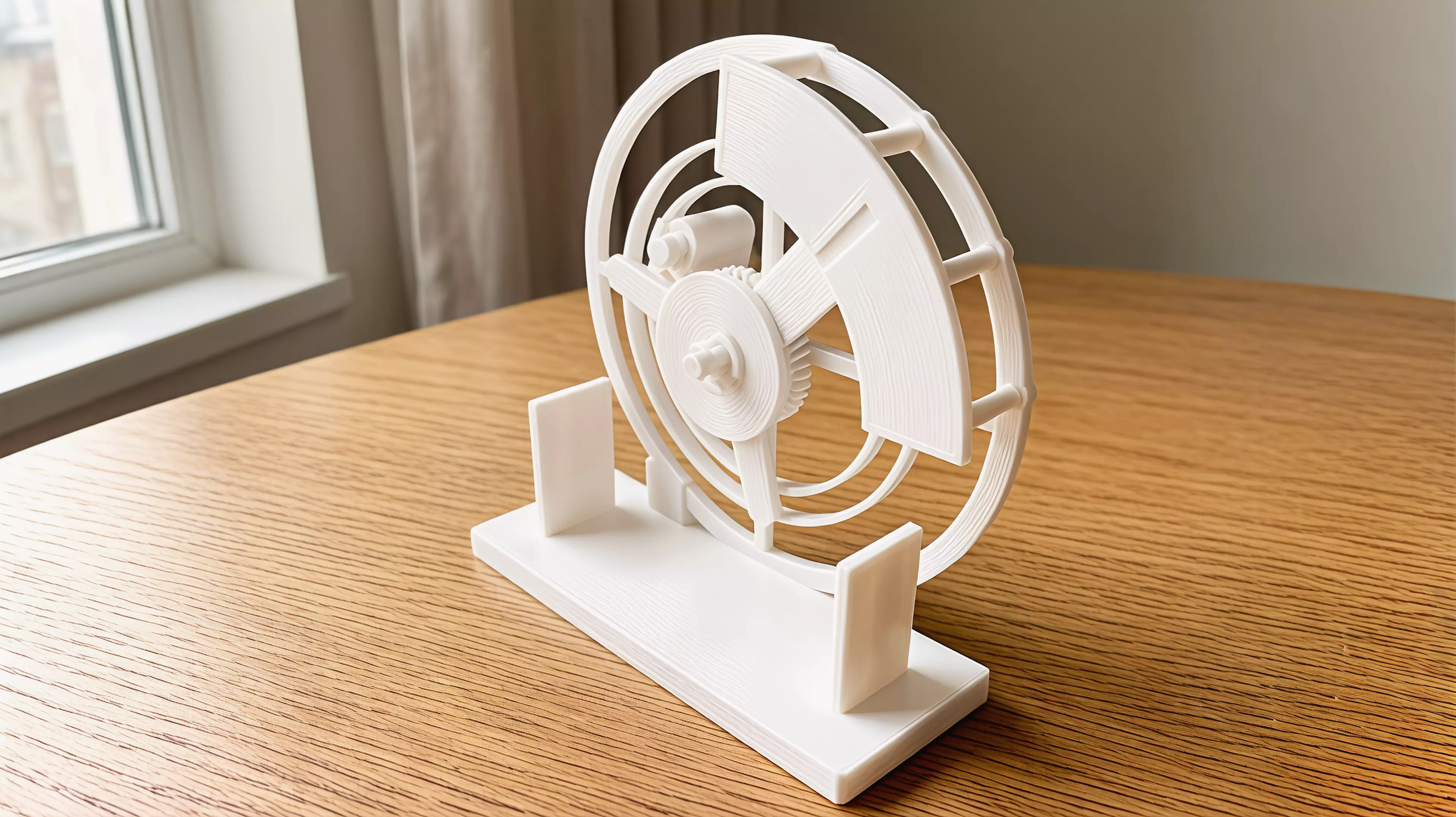 An all-printable hand-cranked desktop automaton in which a geared carrier guides a captive moon through a visible orbit and back through a fixed C-shaped mouth every two crank turns.