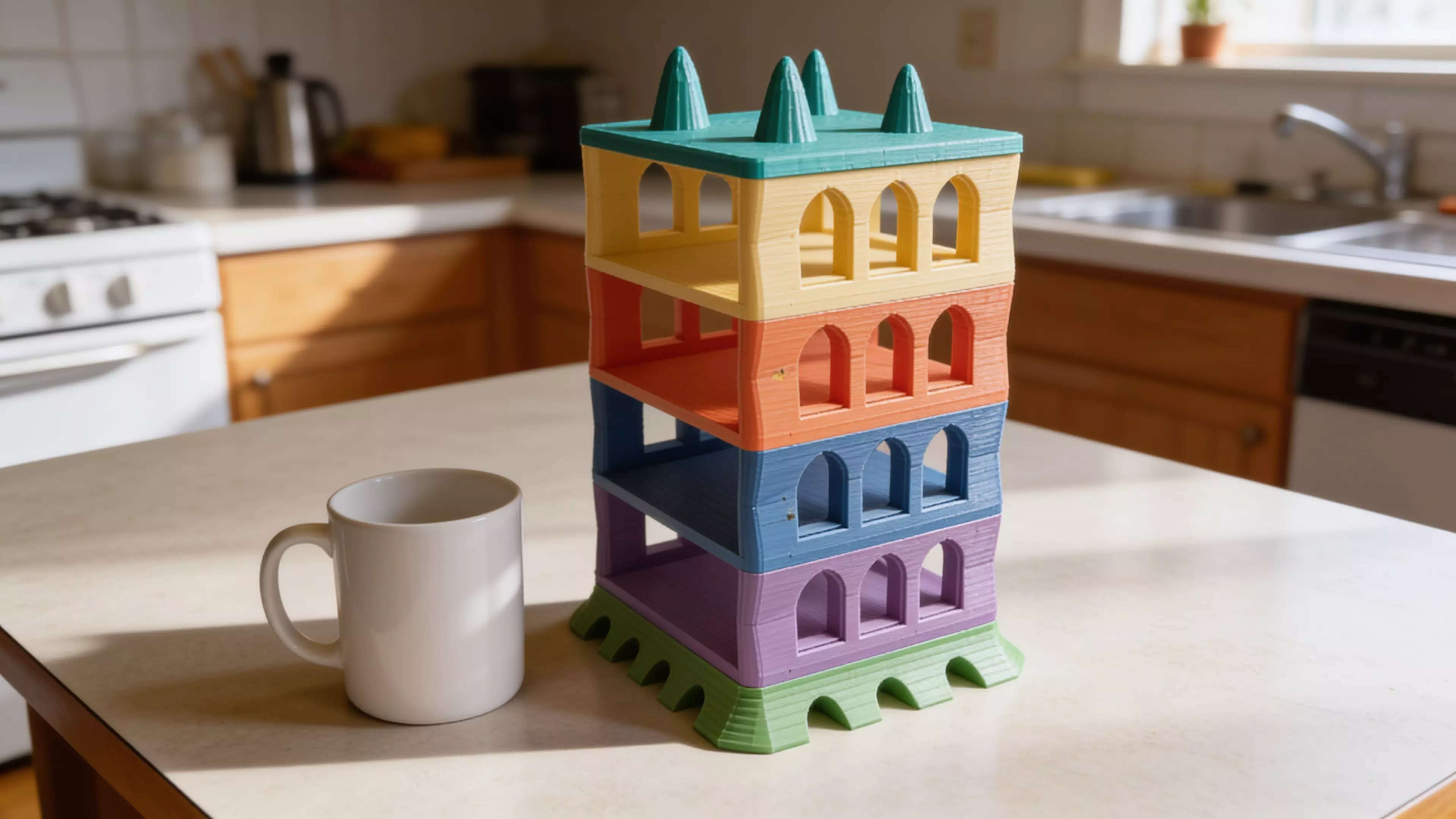 A freestanding 6-piece sculptural tower — splayed organic plinth, four identical catenary-arch bay modules that each cradle one DGX Spark on an open slide-in shelf, and a four-pinnacle parabolic crown — in matte bone-tone PLA, 210 × 170 × 309 mm assembled.