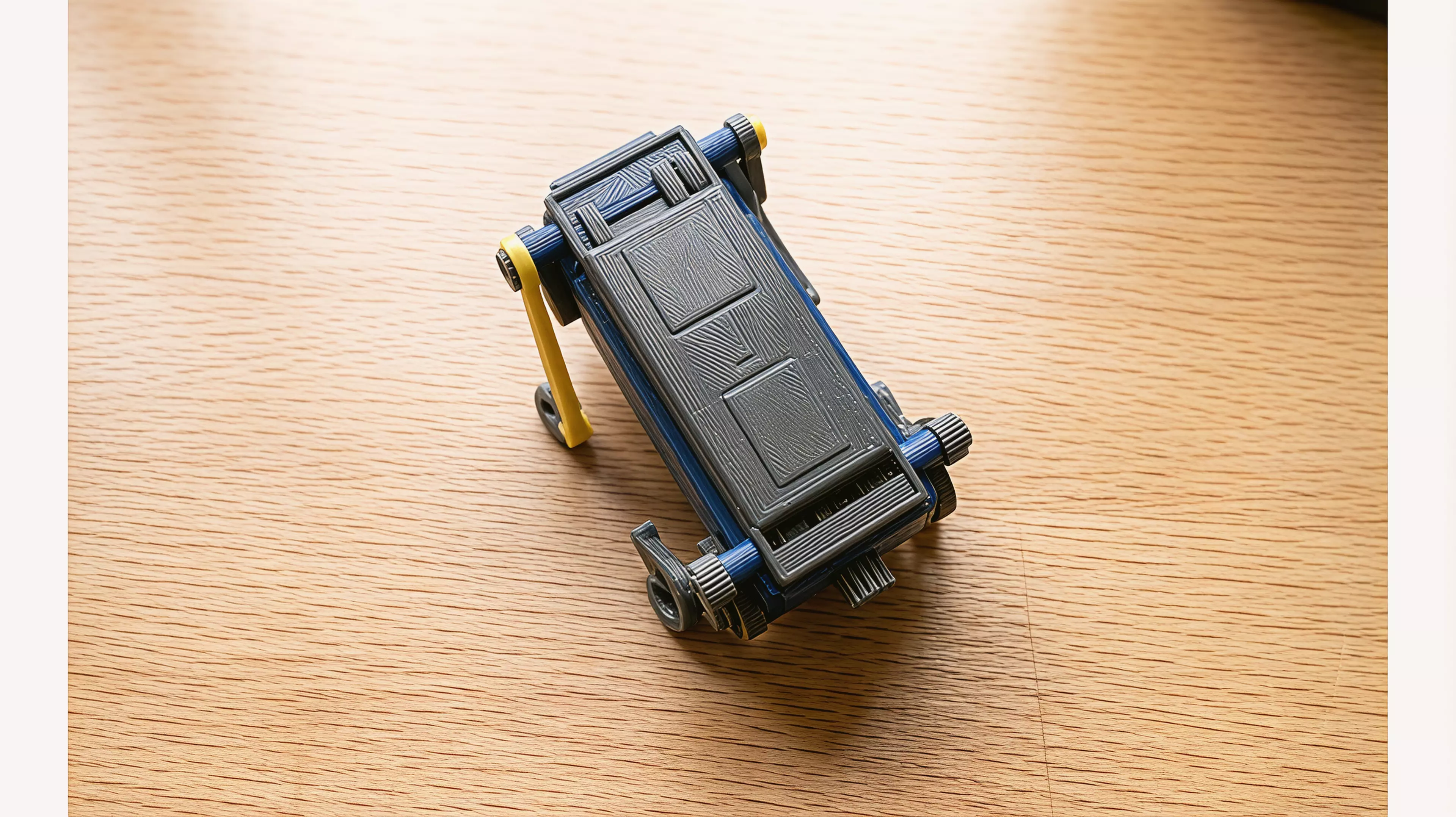 A palm-size wind-up walker. Twist the knob at the back to wind it up, set it down, and it trots forward on four legs with a smooth, life-like gait - no batteries, no motors. The rubber band inside drives two crankshafts that swing the legs in turn, so it keeps its balance step after step. Every part is 3D printed.