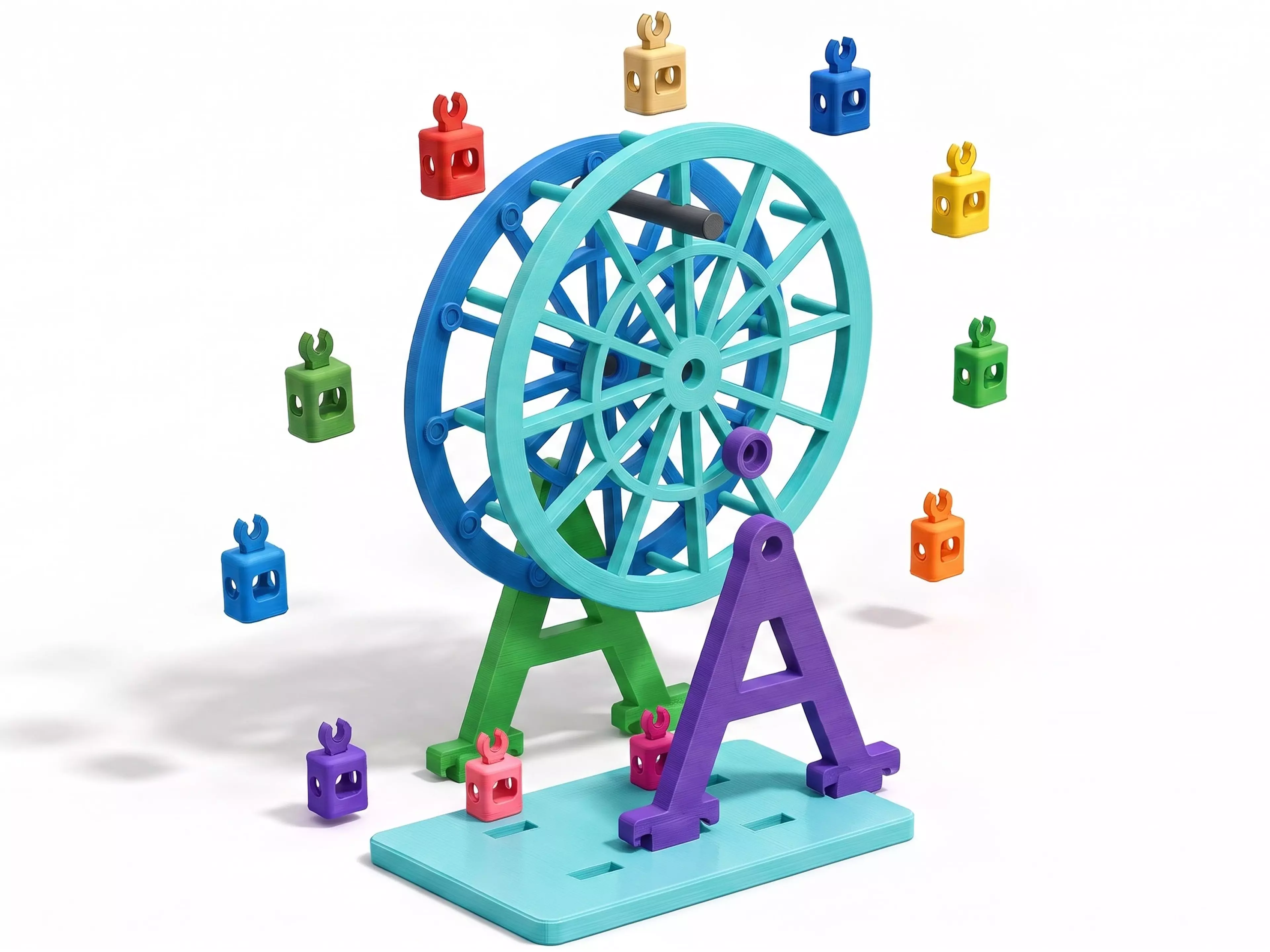 A 185 mm tall, free-spinning Ferris wheel with 12 swinging gondolas that hang upright as the wheel turns, matching the photo's A-frame support and lattice-spoke wheel, split into separately-printable parts for multi-color filament (base/towers in white, wheel rims in a sunset accent color, gondolas…
