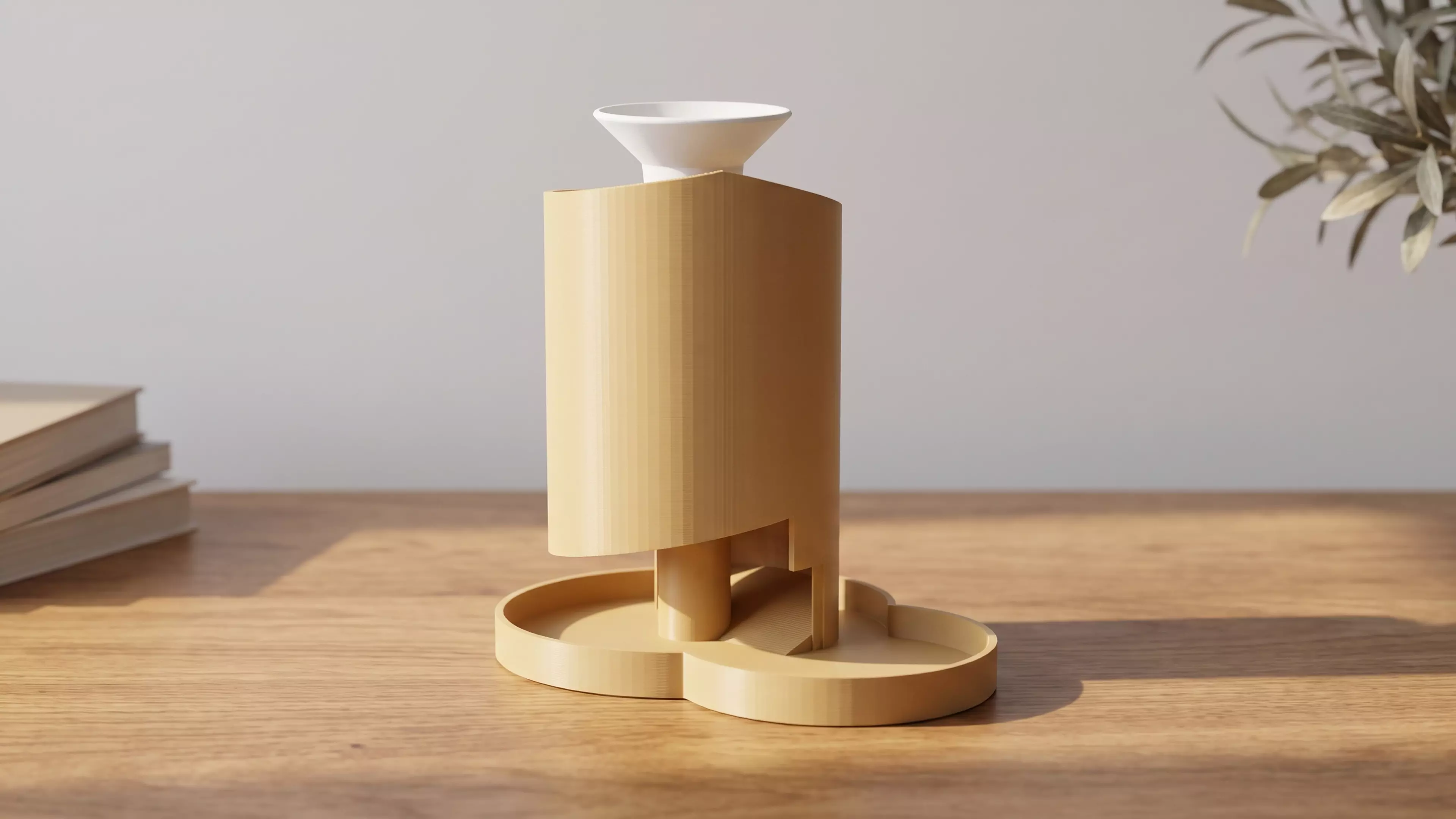 A 210 mm tall helical dice tower: a funnel hopper feeds dice onto a spiral ramp that winds 2.42 turns around a central pillar, contained by overlapping guide walls, exiting through a domed chute near the base onto an integrated landing tab.