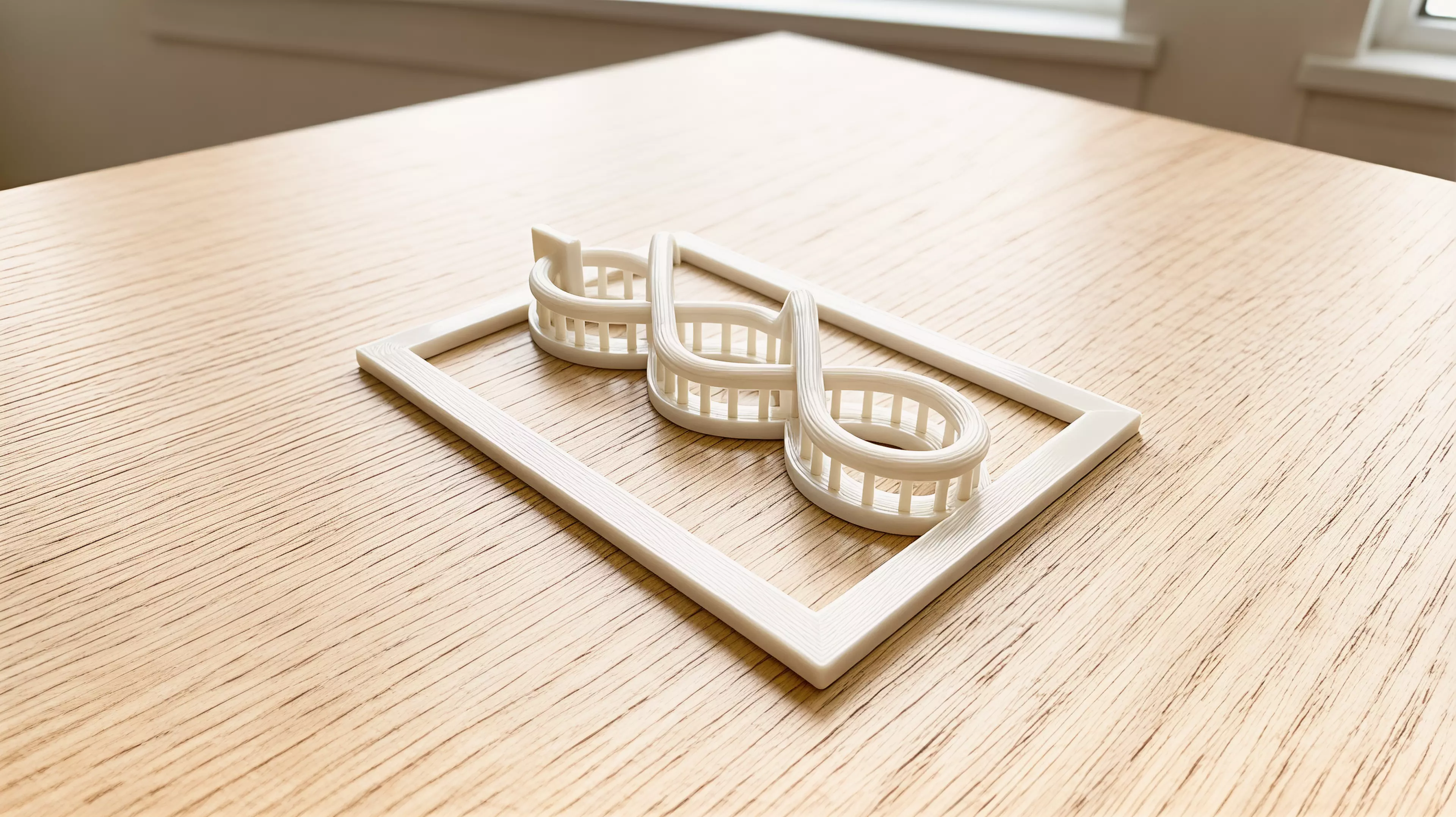 A one-handed print-in-place desk toy whose captive moon runner follows one fully visible braided figure-eight route through two separated bridges and returns home by continued thumb motion.